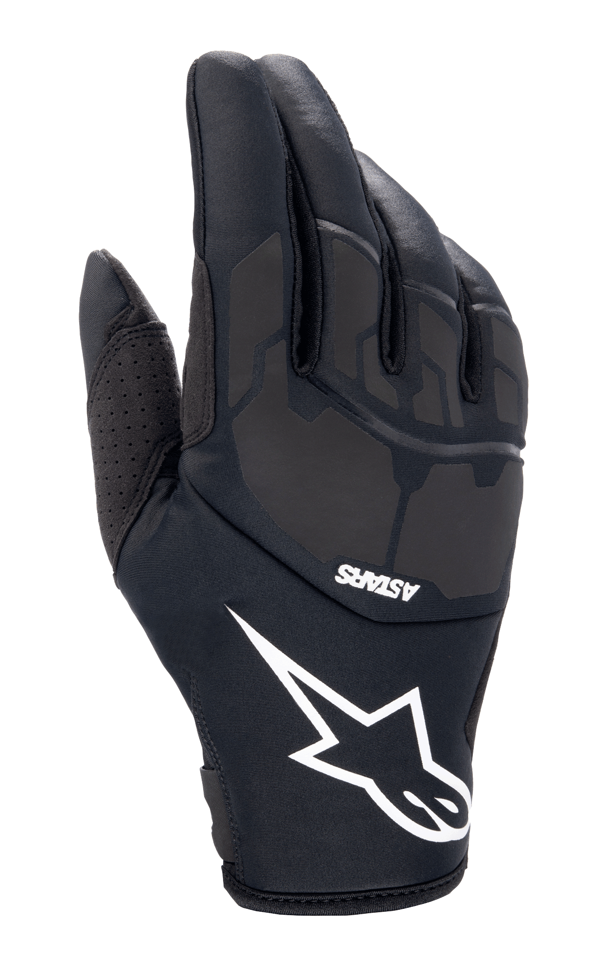 Guanti Alpinestars Thermo Shielder, guanti da motocross neri, con grande logo a stella bianco e marchio ASTARS, dorso imbottito con dettagli laminati al laser, costruzione in neoprene per il freddo, ventilazione perforata sul pollice