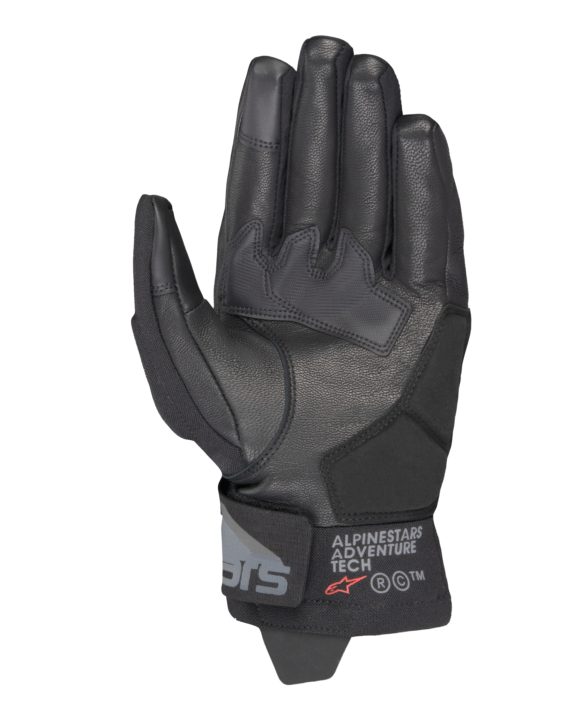 Guanti Alpinestars Corozal V3 Drystar®, nero, vista del palmo con costruzione in pelle e toppe di rinforzo, polsino corto con marchio Alpinestars Adventure Tech, polpastrelli compatibili con touchscreen, equipaggiamento da moto adventure resistente per ogni condizione atmosferica