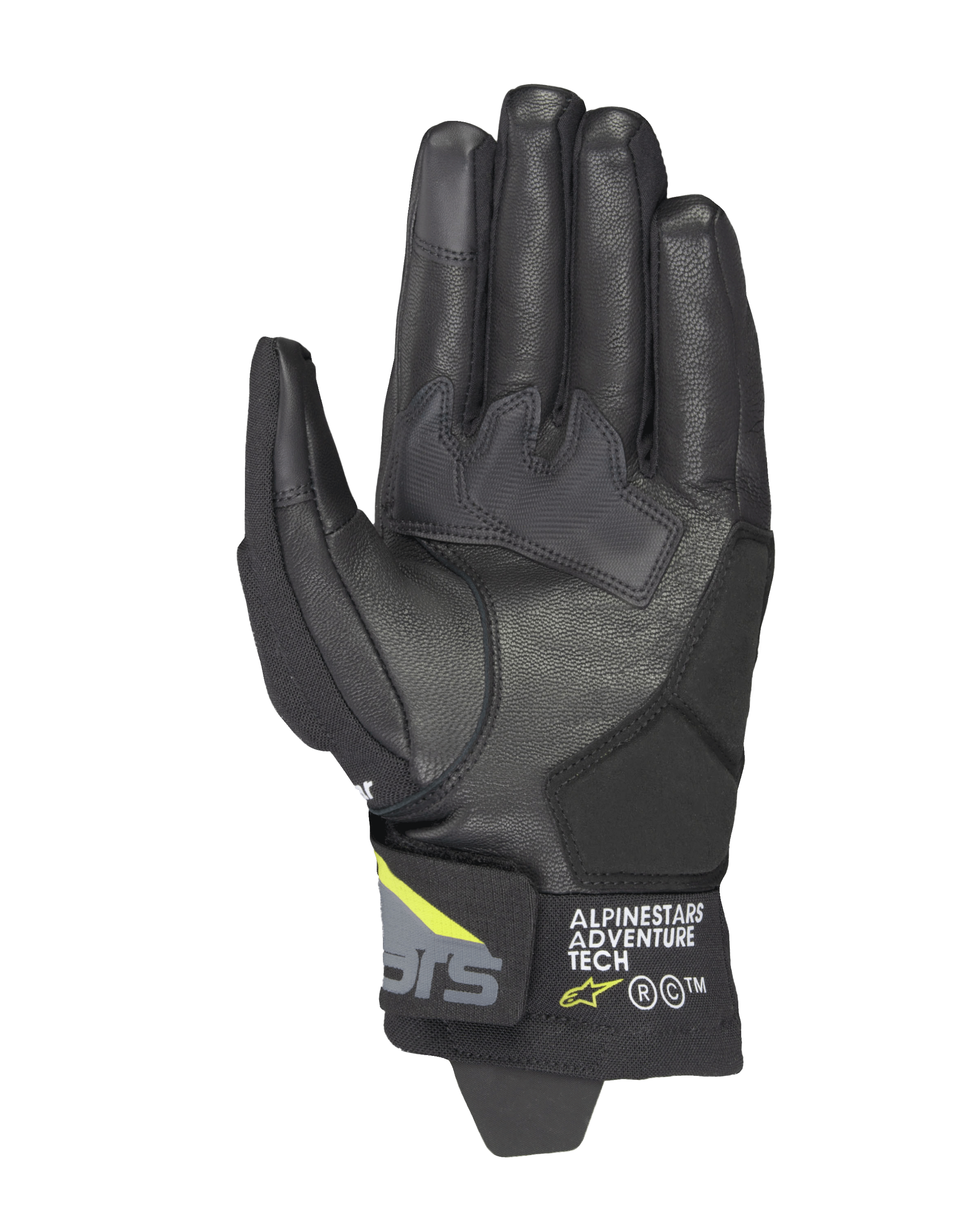 Guanti Alpinestars Corozal V3 Drystar®, nero, grigio scuro e giallo fluo, vista del palmo con struttura in pelle e rinforzi sintetici, punta delle dita compatibile con touchscreen e marchio Alpinestars Adventure Tech sul polsino corto.