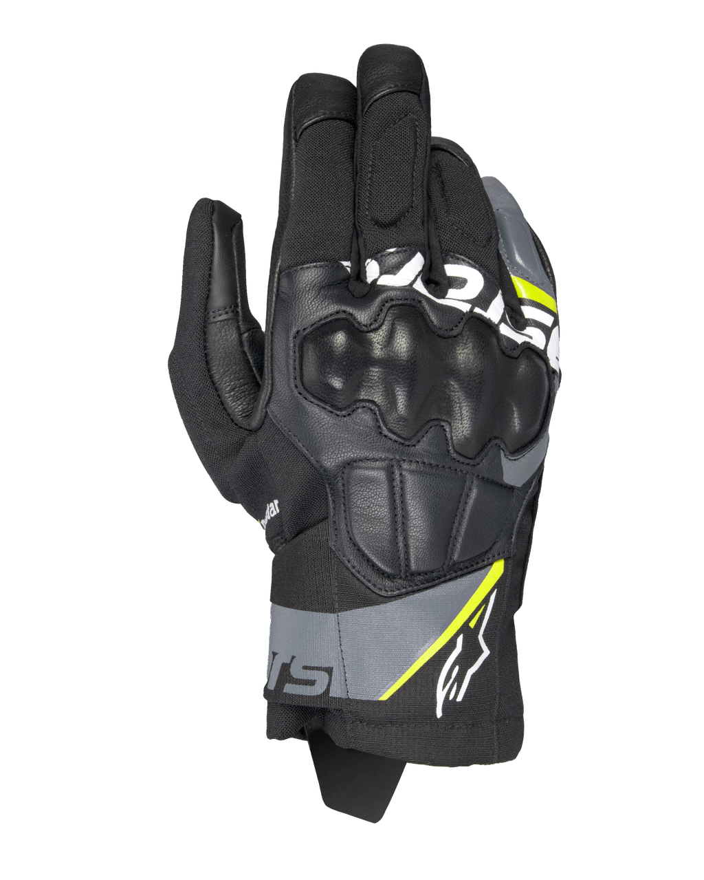 Guanti Alpinestars Corozal V3 Drystar®, guanti da moto adventure, nero con dettagli grigio scuro e giallo fluo, costruzione in pelle e tessuto con protezione nocche sagomata, design a polsino corto, impermeabili e traspiranti per la guida in ogni condizione atmosferica