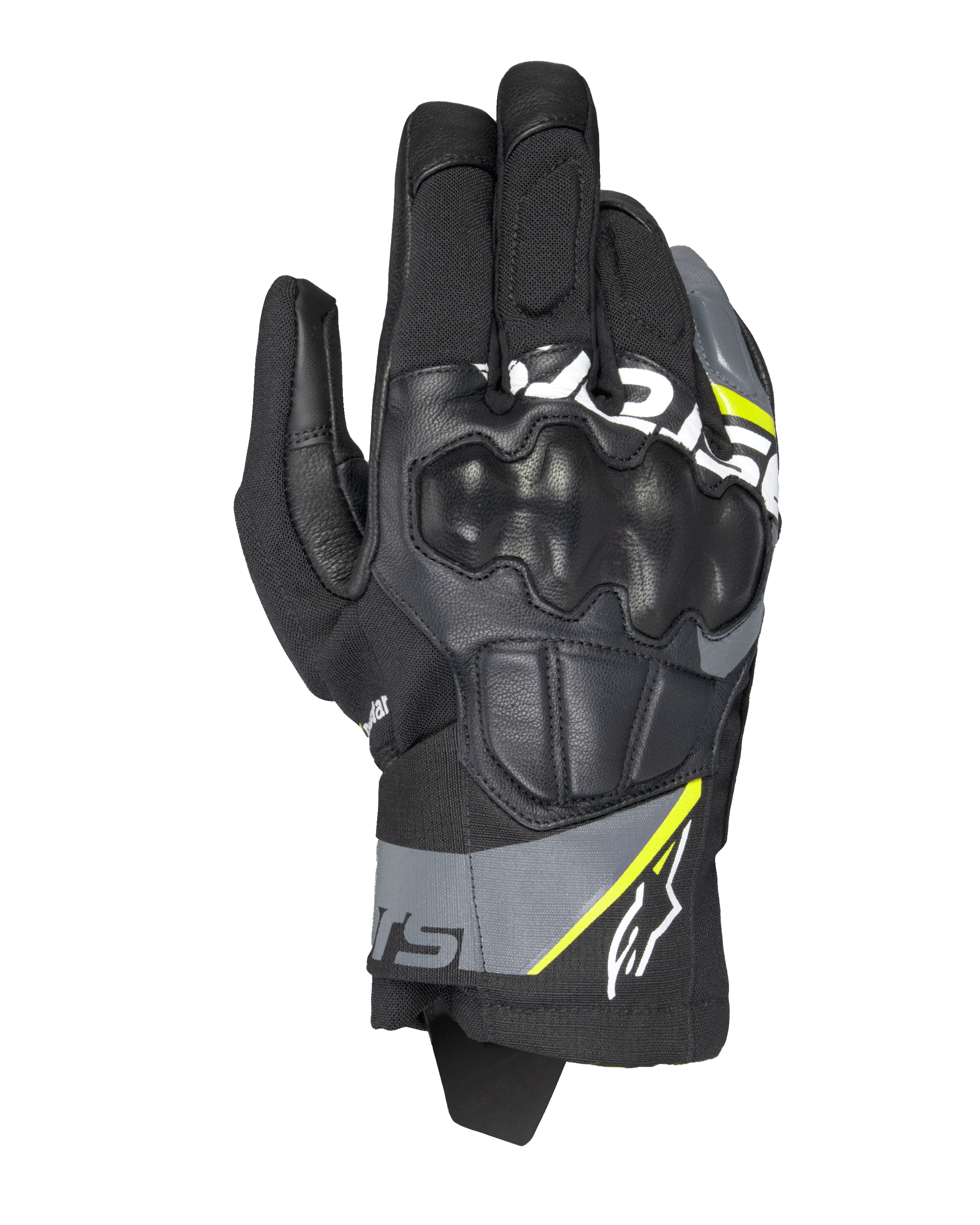 Guanti Alpinestars Corozal V3 Drystar®, guanti da moto adventure, nero con dettagli grigio scuro e giallo fluo, costruzione in pelle e tessuto con protezione nocche sagomata, design a polsino corto, impermeabili e traspiranti per la guida in ogni condizione atmosferica