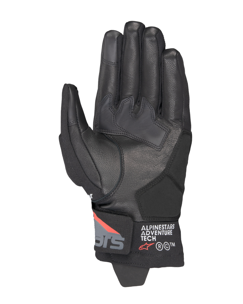 Guanti Alpinestars Corozal V3 Drystar®, Nero Grigio Scuro Rosso Fluo, vista del palmo con costruzione in pelle, rinforzi sintetici sul palmo e polsino corto con marchio Alpinestars Adventure Tech