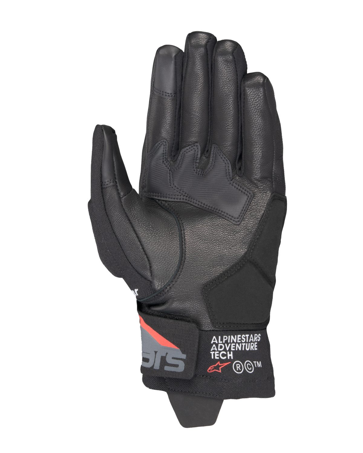 Guanti Alpinestars Corozal V3 Drystar®, Nero Grigio Scuro Rosso Fluo, vista del palmo con costruzione in pelle, rinforzi sintetici sul palmo e polsino corto con marchio Alpinestars Adventure Tech