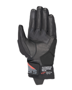 Guanti Alpinestars Corozal V3 Drystar®, Nero Grigio Scuro Rosso Fluo, vista del palmo con costruzione in pelle, rinforzi sintetici sul palmo e polsino corto con marchio Alpinestars Adventure Tech