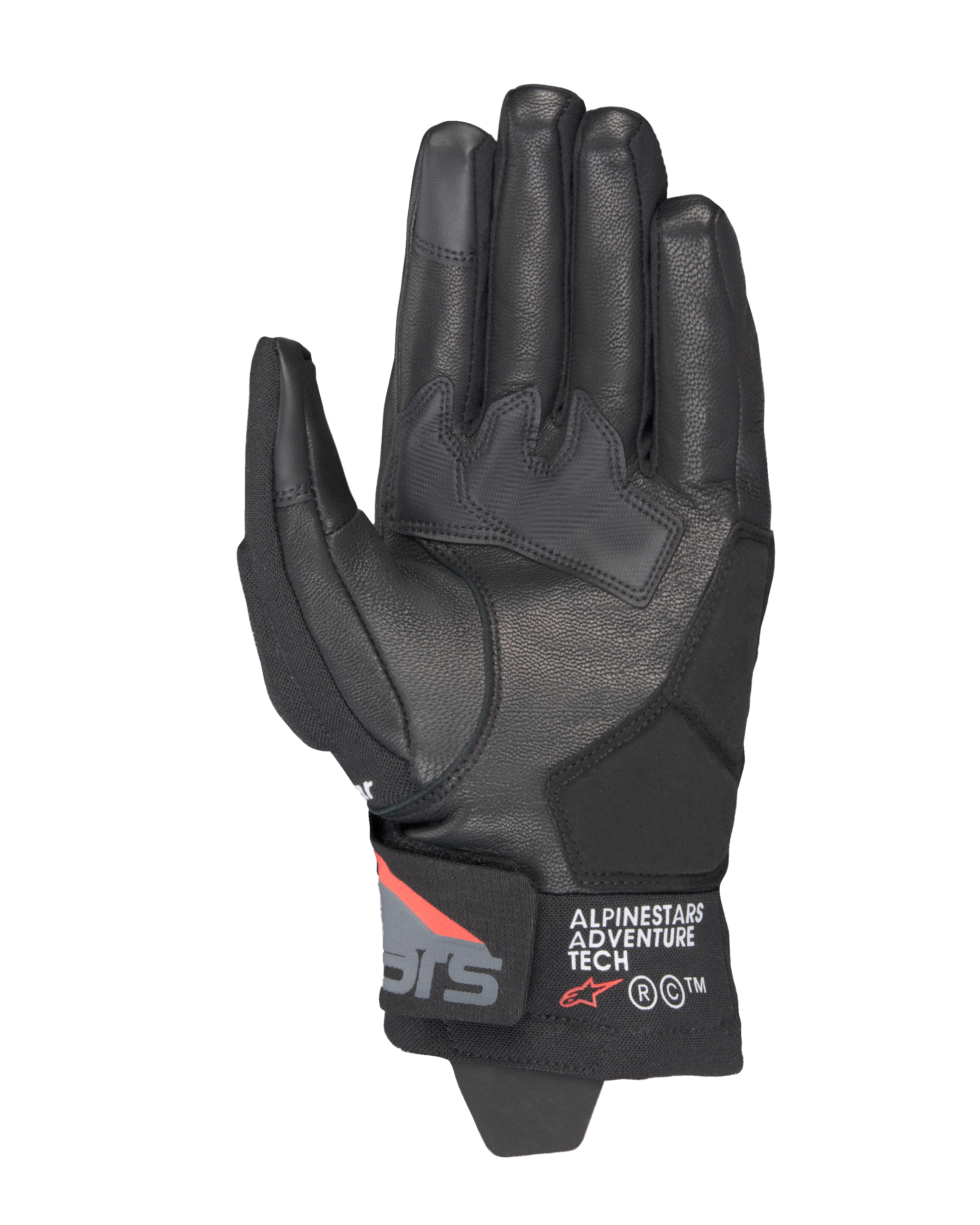 Guanti Alpinestars Corozal V3 Drystar®, Nero Grigio Scuro Rosso Fluo, vista del palmo con costruzione in pelle, rinforzi sintetici sul palmo e polsino corto con marchio Alpinestars Adventure Tech