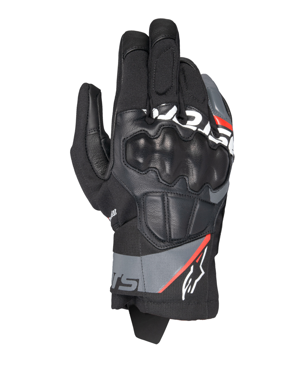 Guanti Alpinestars Corozal V3 Drystar®, guanti da moto adventure, nero con dettagli grigio scuro e rosso fluo, vista dall'alto con protezione delle nocche SP rivestita in pelle, struttura in tessuto e pelle e design a polsino corto, equipaggiamento impermeabile per guida adventure