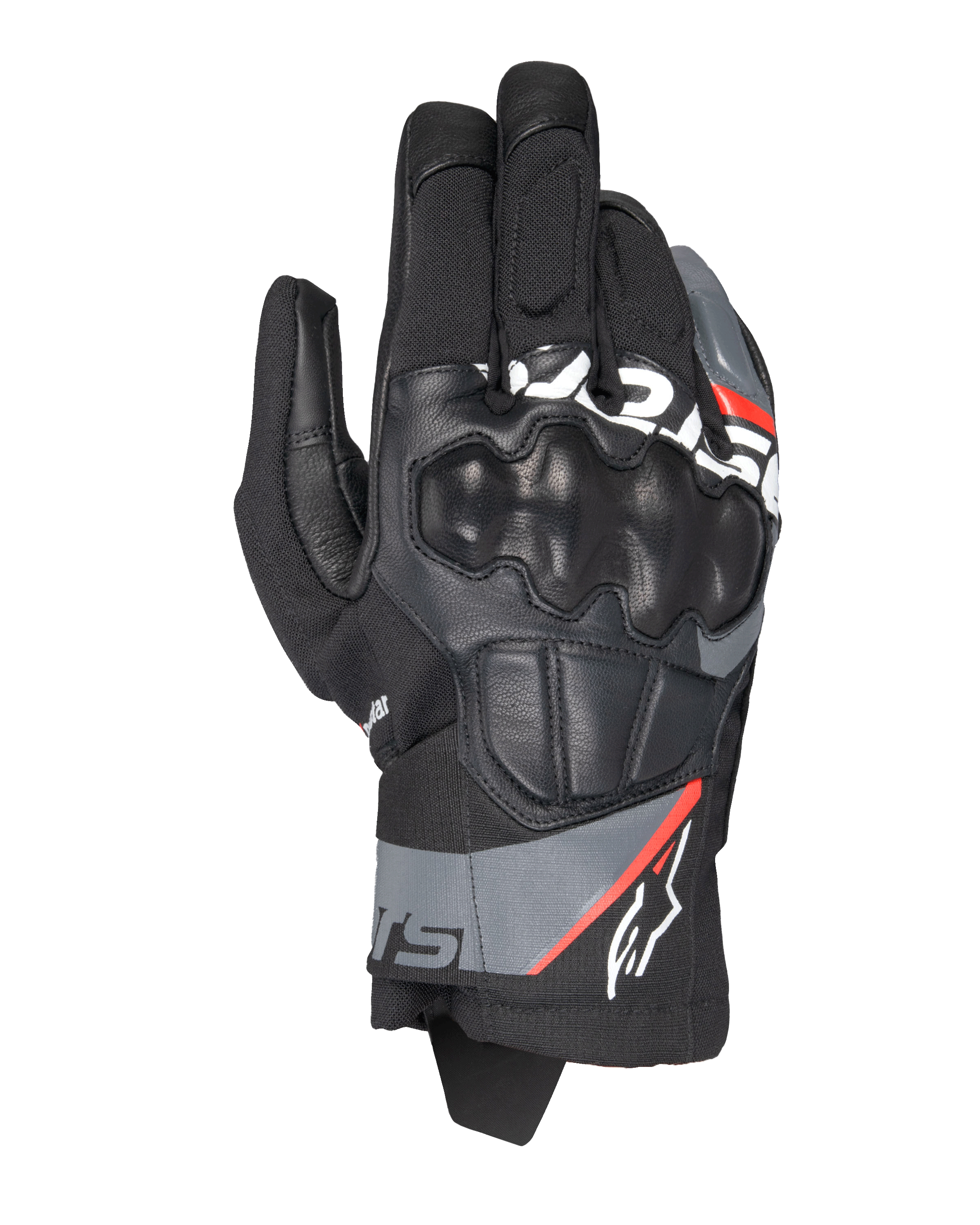 Guanti Alpinestars Corozal V3 Drystar®, guanti da moto adventure, nero con dettagli grigio scuro e rosso fluo, vista dall'alto con protezione delle nocche SP rivestita in pelle, struttura in tessuto e pelle e design a polsino corto, equipaggiamento impermeabile per guida adventure