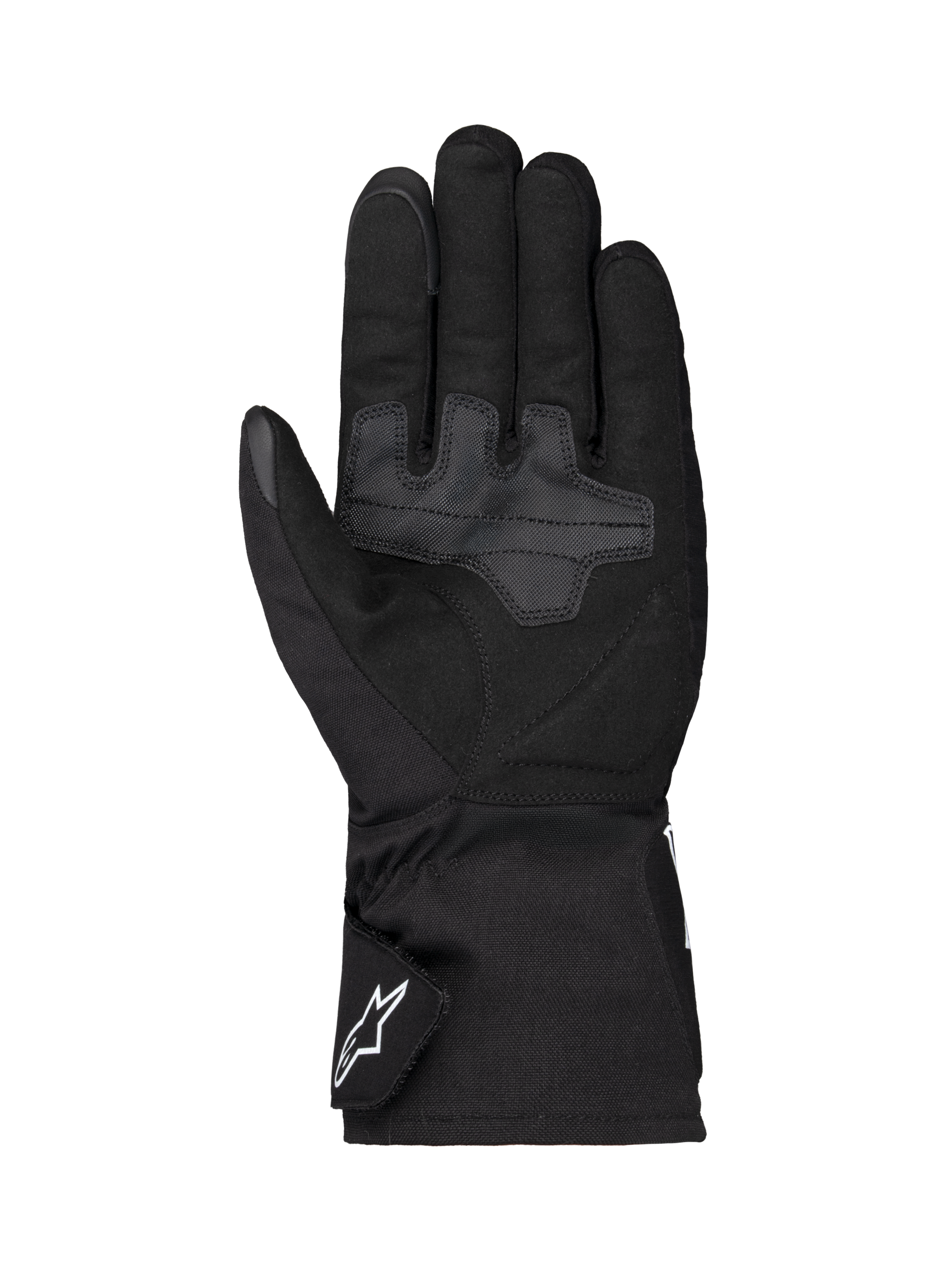 Alpinestars Wt-1 Drystar® Guanti Termici, guanti da moto, nero, vista del palmo con aree di grip in tessuto rinforzato, polsino lungo con logo Alpinestars bianco sul cinturino, costruzione resistente agli agenti atmosferici per la guida su strada