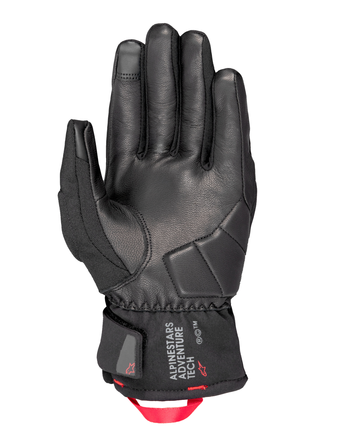 Guanti Alpinestars Crestone GORE-TEX Termici, guanti da moto, nero, vista del palmo con struttura in pelle e imbottitura rinforzata per gli impatti, polsino corto con logo Alpinestars Adventure Tech e anello di trazione in fettuccia rosso acceso