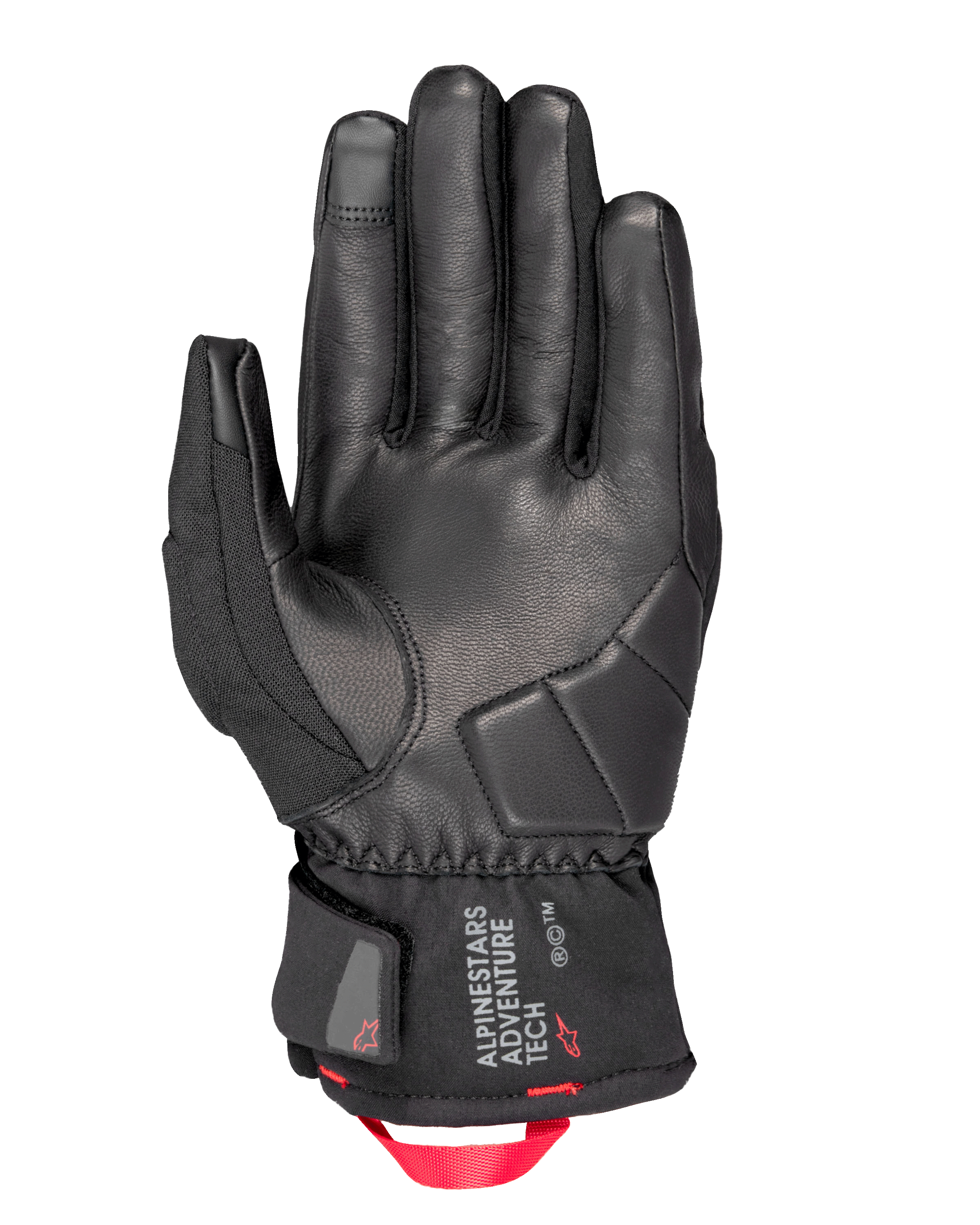 Guanti Alpinestars Crestone GORE-TEX Termici, guanti da moto, nero, vista del palmo con struttura in pelle e imbottitura rinforzata per gli impatti, polsino corto con logo Alpinestars Adventure Tech e anello di trazione in fettuccia rosso acceso