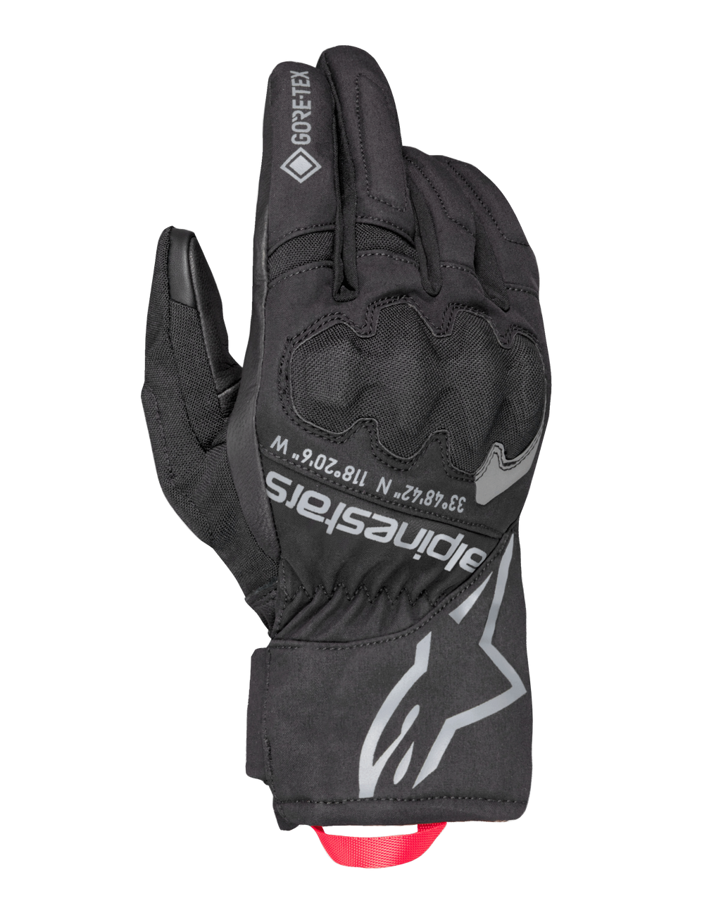 Alpinestars Crestone GORE-TEX Insulated Gloves, guanti da moto touring neri, dorso in tessuto impermeabile e traspirante, protezione nocche integrata, logo Alpinestars e coordinate argentati, anello di trazione in fettuccia rossa