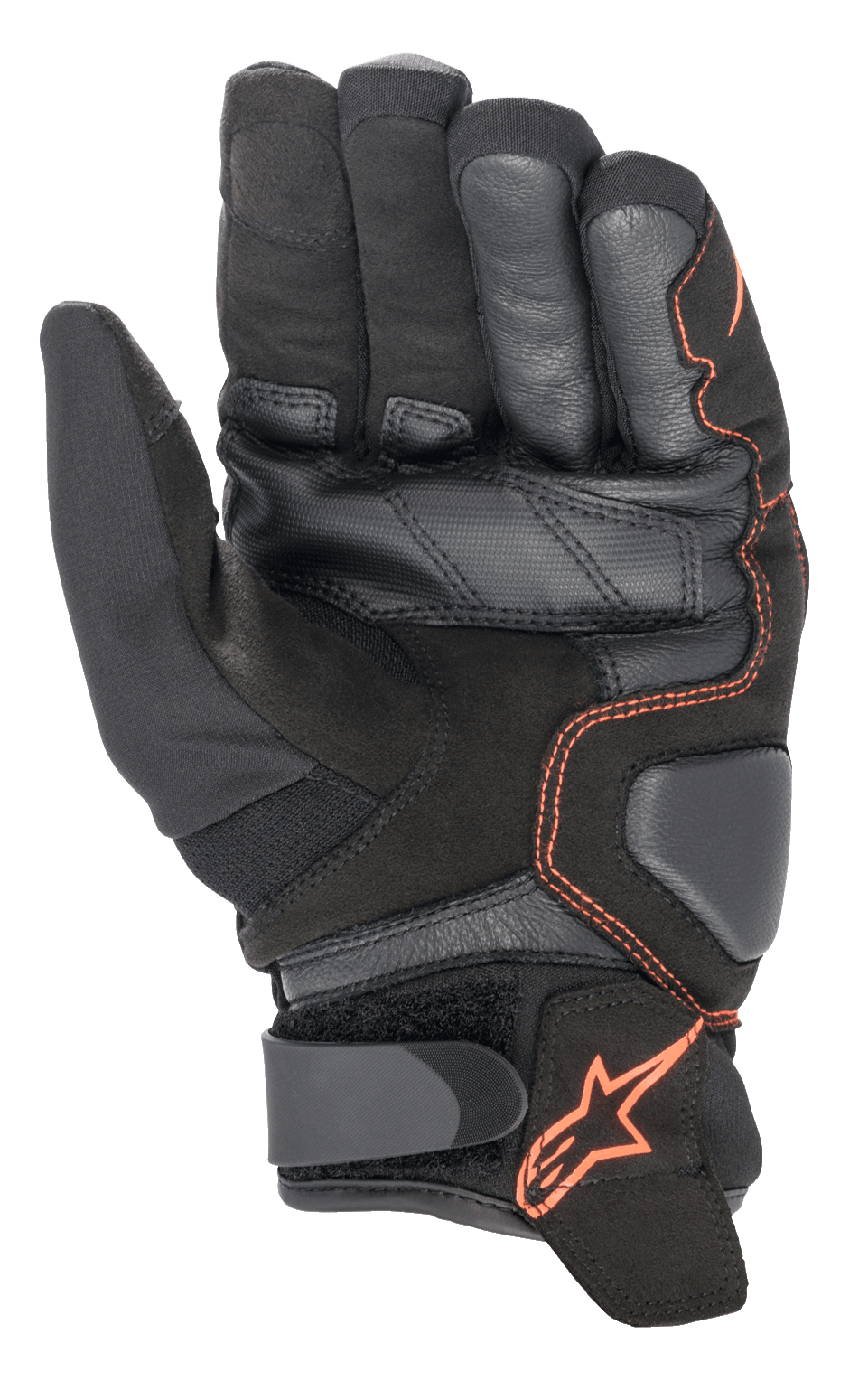 Guanti Alpinestars SMX-1 Drystar®, guanti da moto, nero e rosso fluo, vista del palmo che evidenzia la costruzione in pelle e camoscio rinforzati, zone di atterraggio imbottite e cinturino in Velcro con logo a stella rosso