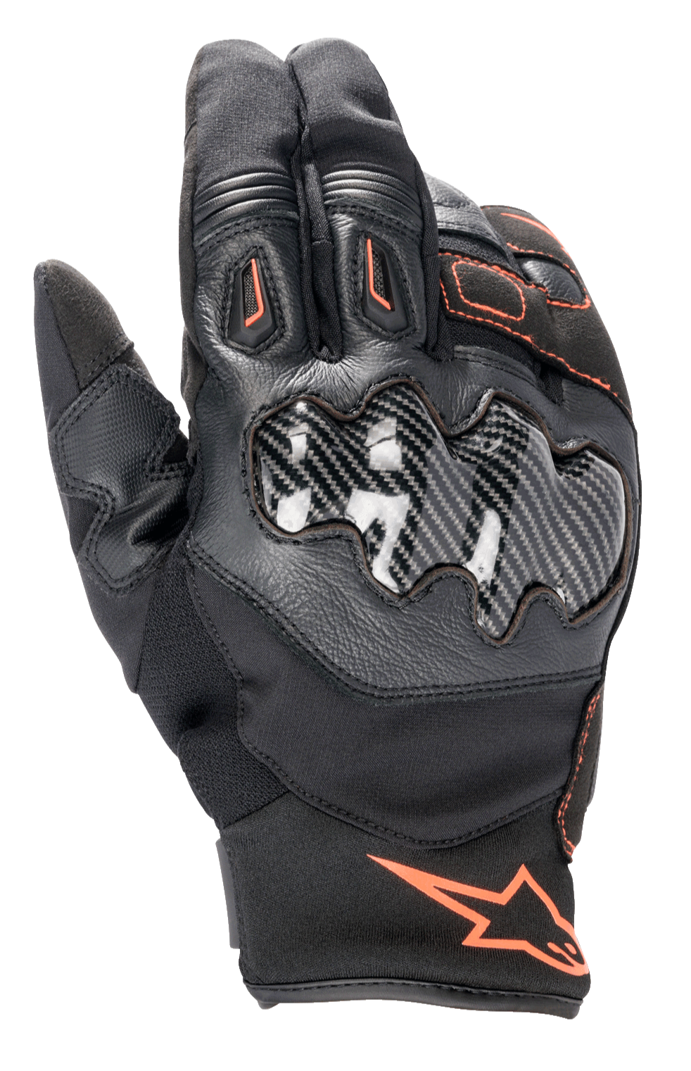 Guanti Alpinestars SMX-1 Drystar®, guanti da moto, neri con accenti rosso fluo, protezione nocche effetto carbonio, polsino corto, costruzione in pelle e tessuto, membrana impermeabile Drystar®