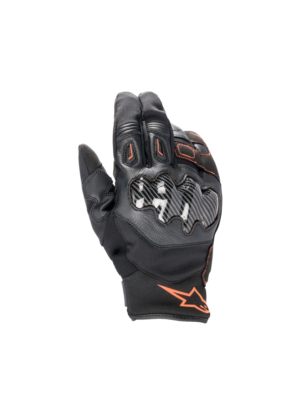 Guanti Alpinestars Smx-1 Drystar®, guanti da moto road impermeabili, neri e rosso fluo, con protezioni nocche in carbonio.