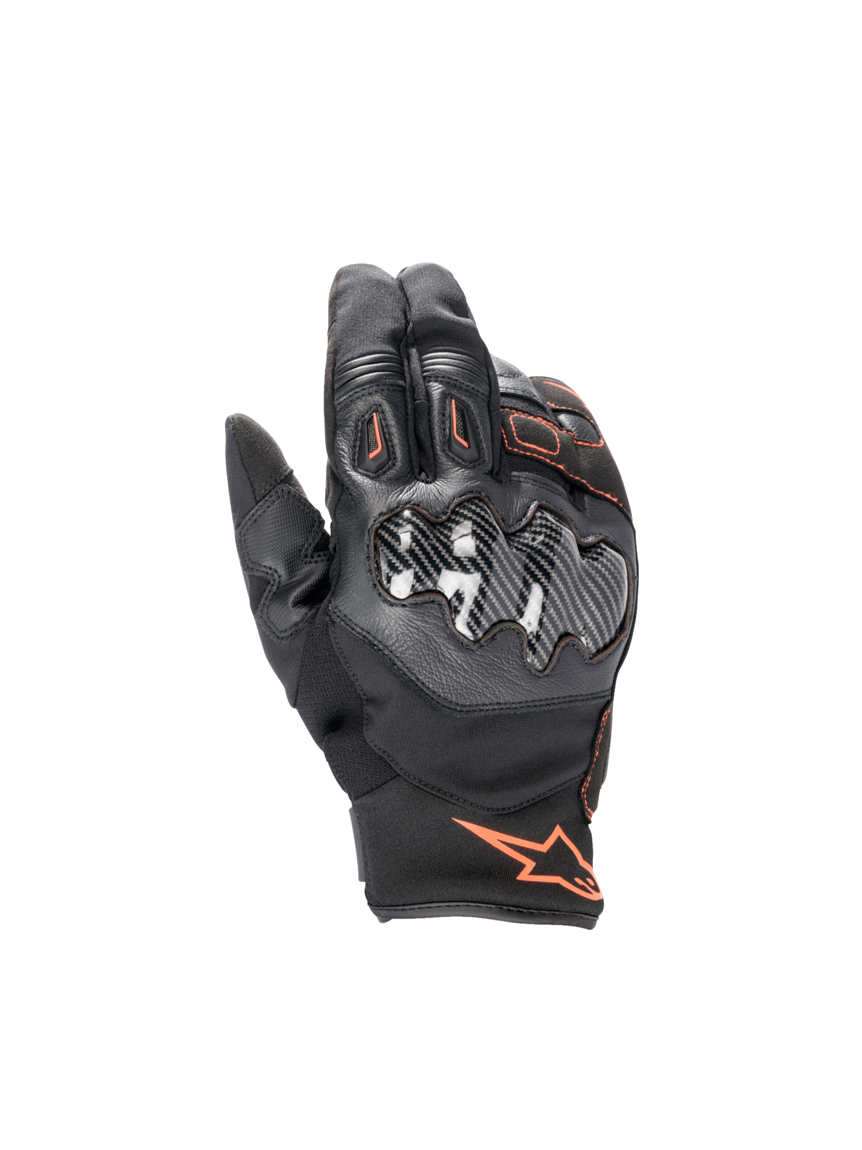 Guanti Alpinestars Smx-1 Drystar®, guanti da moto road impermeabili, neri e rosso fluo, con protezioni nocche in carbonio.