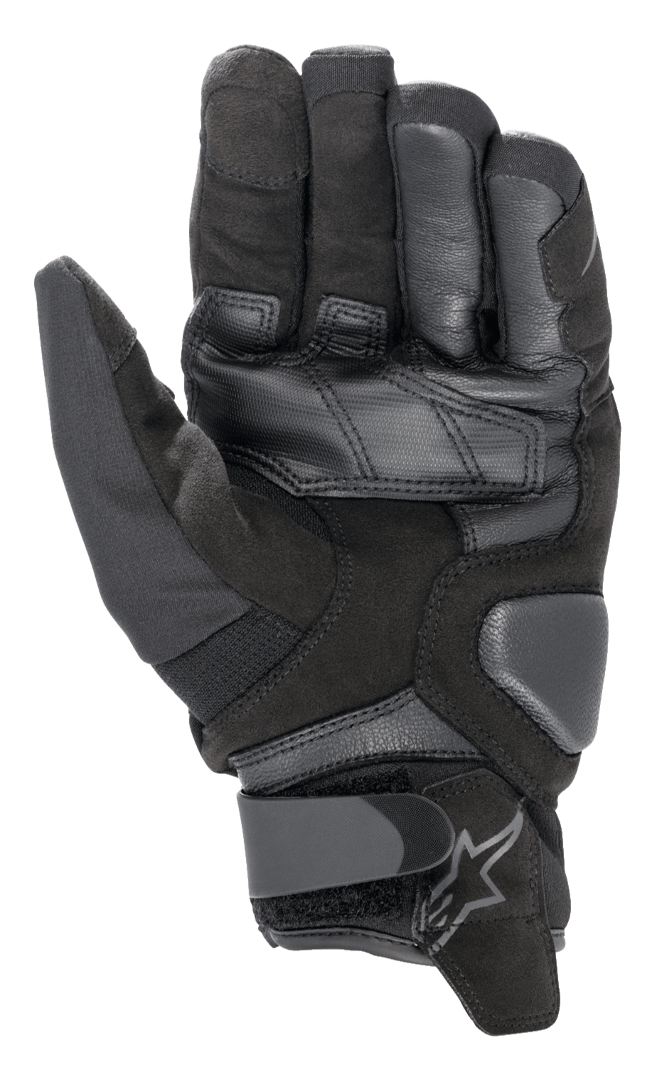 Guanti Alpinestars SMX-1 Drystar®, guanti da moto, Nero Nero, vista del palmo con costruzione in scamosciato sintetico, rinforzi in pelle, zone d'atterraggio imbottite e chiusura del polso regolabile con logo