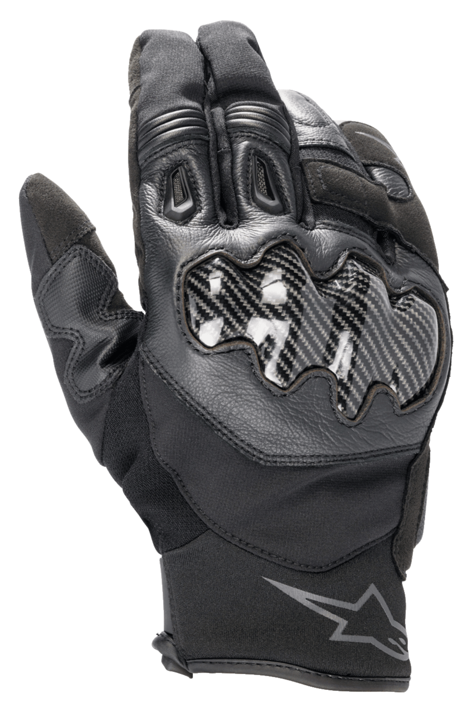 Guanti Alpinestars SMX-1 Drystar®, guanti da moto neri, caratterizzati da protezione per le nocche effetto carbonio, costruzione in pelle e tessuto, polsino corto con logo Alpinestars sul polso