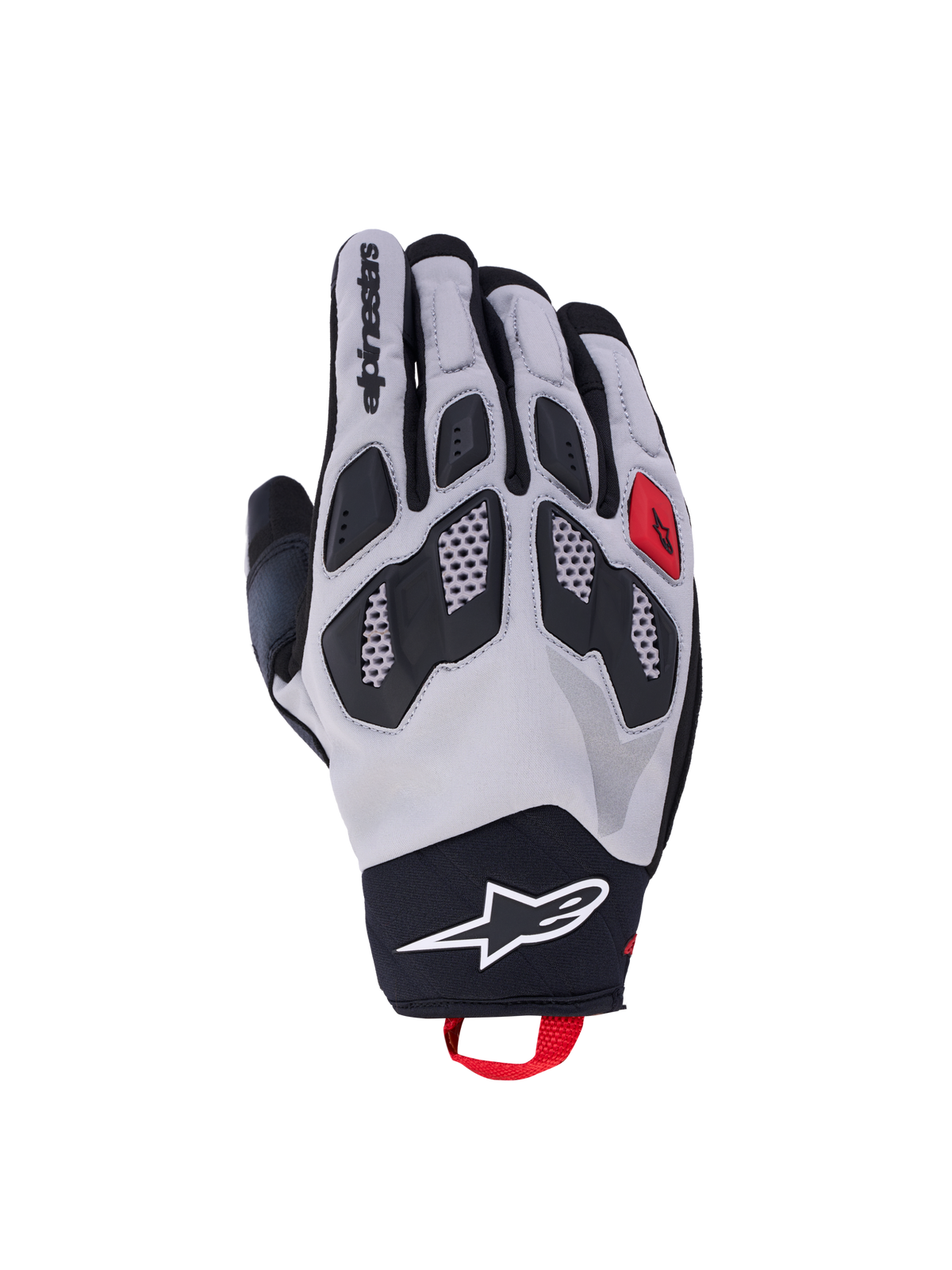 Alpinestars Guanti Maxdura Drystar®, guanti da moto adventure, grigio chiaro e nero con dettagli rossi, nocche in TPR e struttura impermeabile