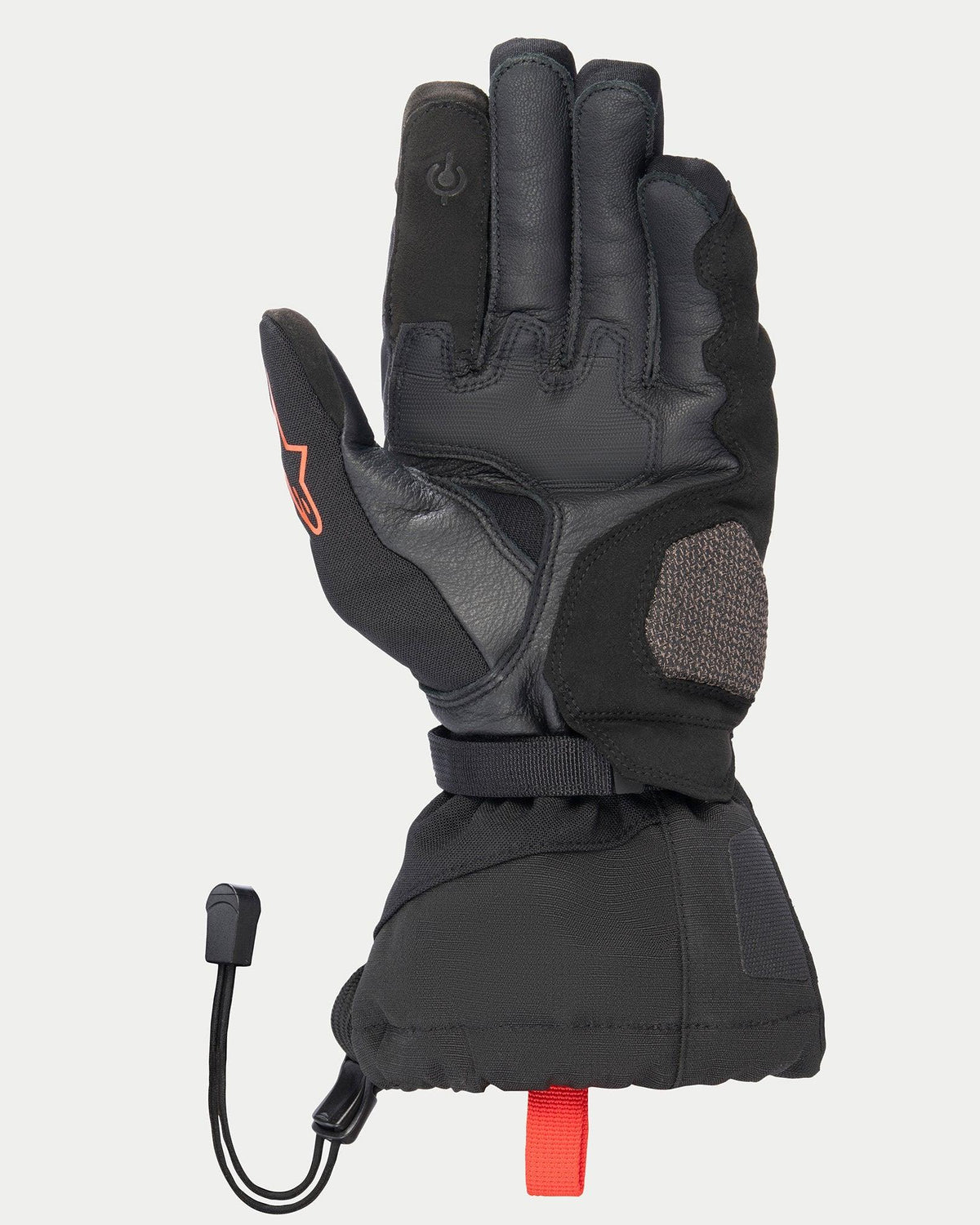 Guanti Alpinestars XT-5 GORE-TEX, nero, vista del lato del palmo che mostra la costruzione in pelle, rinforzo della zona di atterraggio AR Shield, polsino lungo con chiusura a cordoncino elastico, punte delle dita compatibili con touchscreen e accenti rossi distintivi.