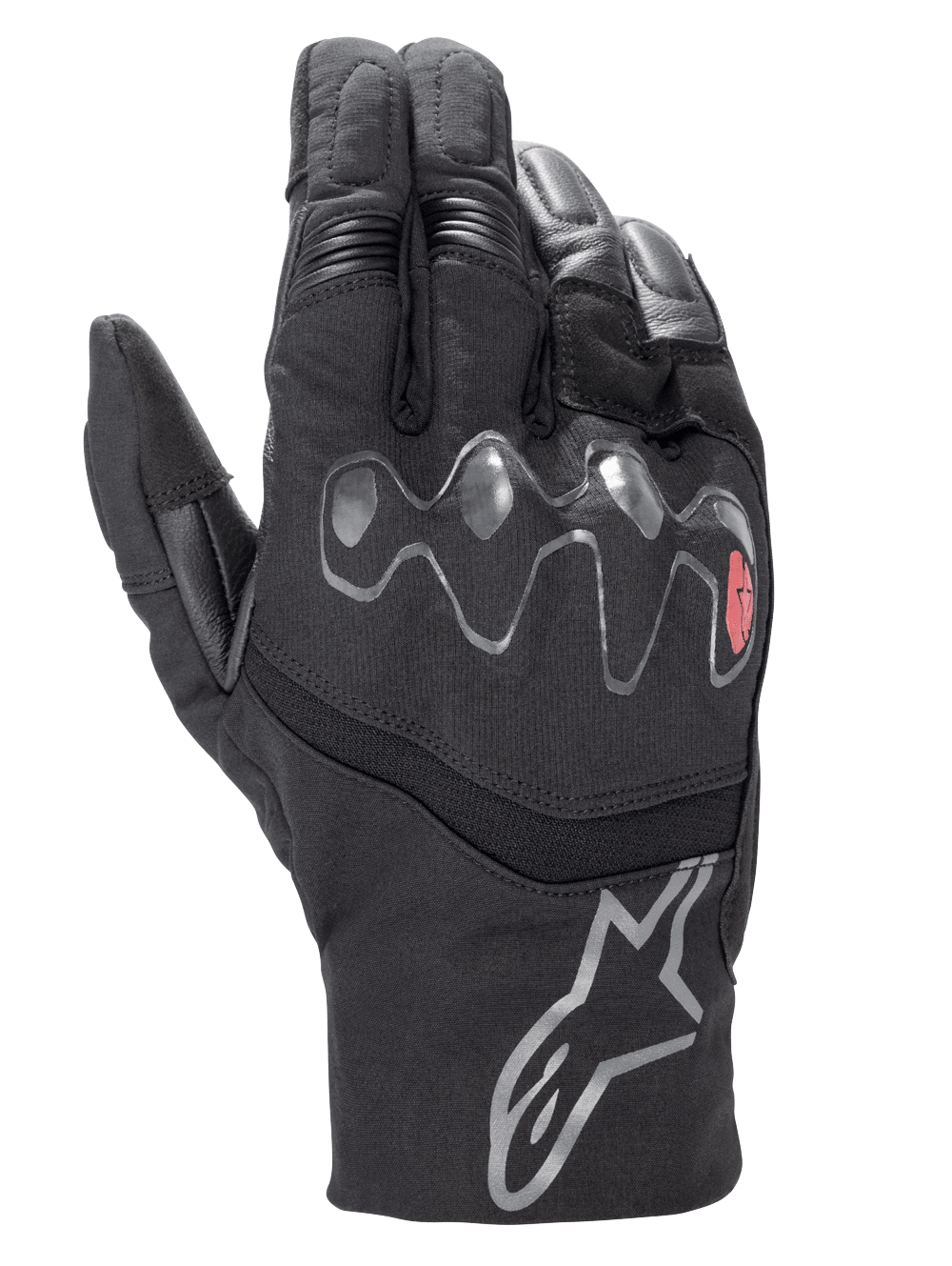 Guanti Alpinestars Hyde XT Drystar® XF, guanti da moto neri, protezione per le nocche viscoelastica ondulata con dettaglio rosso, polsino di media lunghezza con logo a stella argento, costruzione in tessuto impermeabile e pelle scamosciata sintetica, equipaggiamento adventure touring.