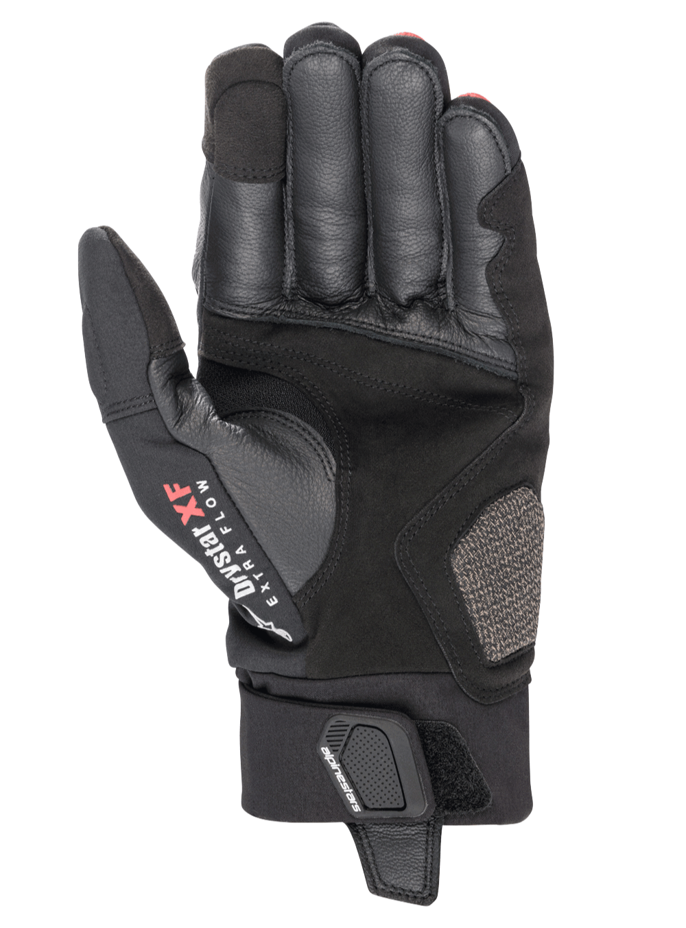 Guanti Alpinestars Hyde XT Drystar® XF, guanti da moto, nero e rosso brillante, vista del palmo con costruzione in camoscio sintetico rinforzato, marchio Drystar XF Extra Flow sul pollice, chiusura a flap regolabile sul polso