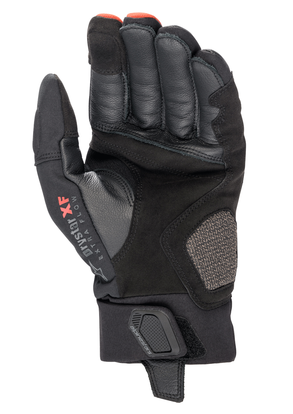 Alpinestars Hyde XT Drystar® XF Gloves, guanti da moto, nero e rosso Fire Red, vista del palmo con costruzione in scamosciato sintetico rinforzato, logo Drystar XF sulla zona del pollice e cinturino regolabile al polso
