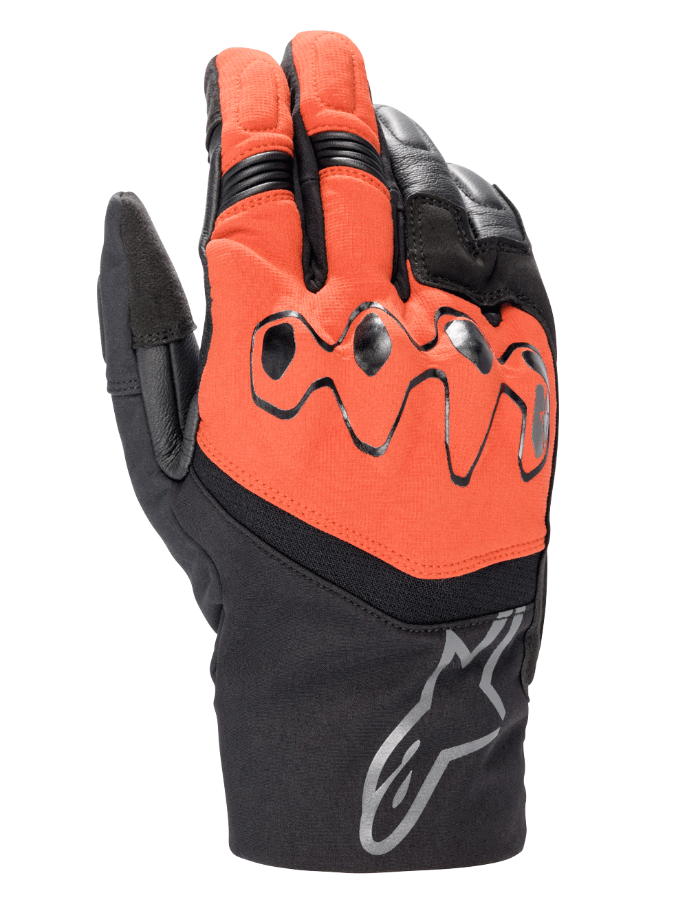 Guanti Alpinestars Hyde XT Drystar® XF, guanti da moto touring, rosso fuoco e nero, con nocche protettive viscoelastiche, logo Alpinestars sul polsino e costruzione impermeabile in tessuto e pelle