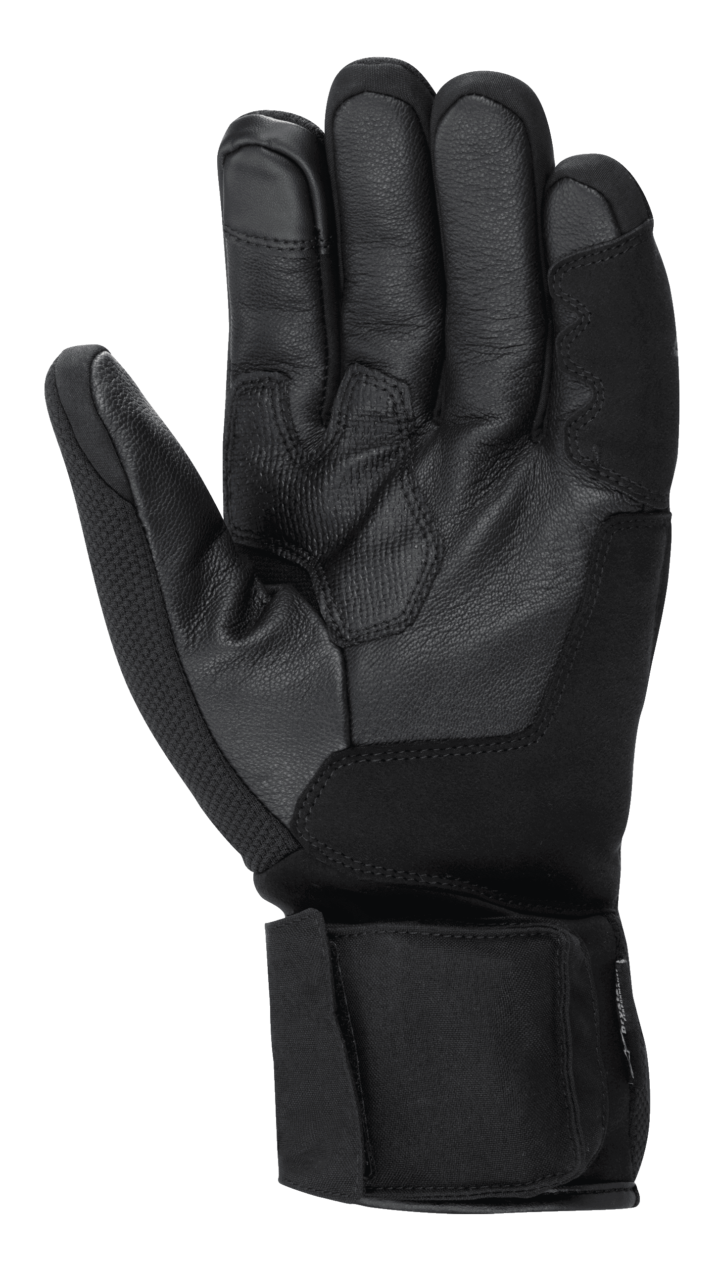 Guanti Alpinestars HT-3 Heat Tech Drystar®, guanti da moto neri, vista del palmo con costruzione in pelle di capra, grip testurizzato su palmo e pollice, cinturino regolabile sul polsino, indice compatibile con touchscreen, equipaggiamento da touring invernale