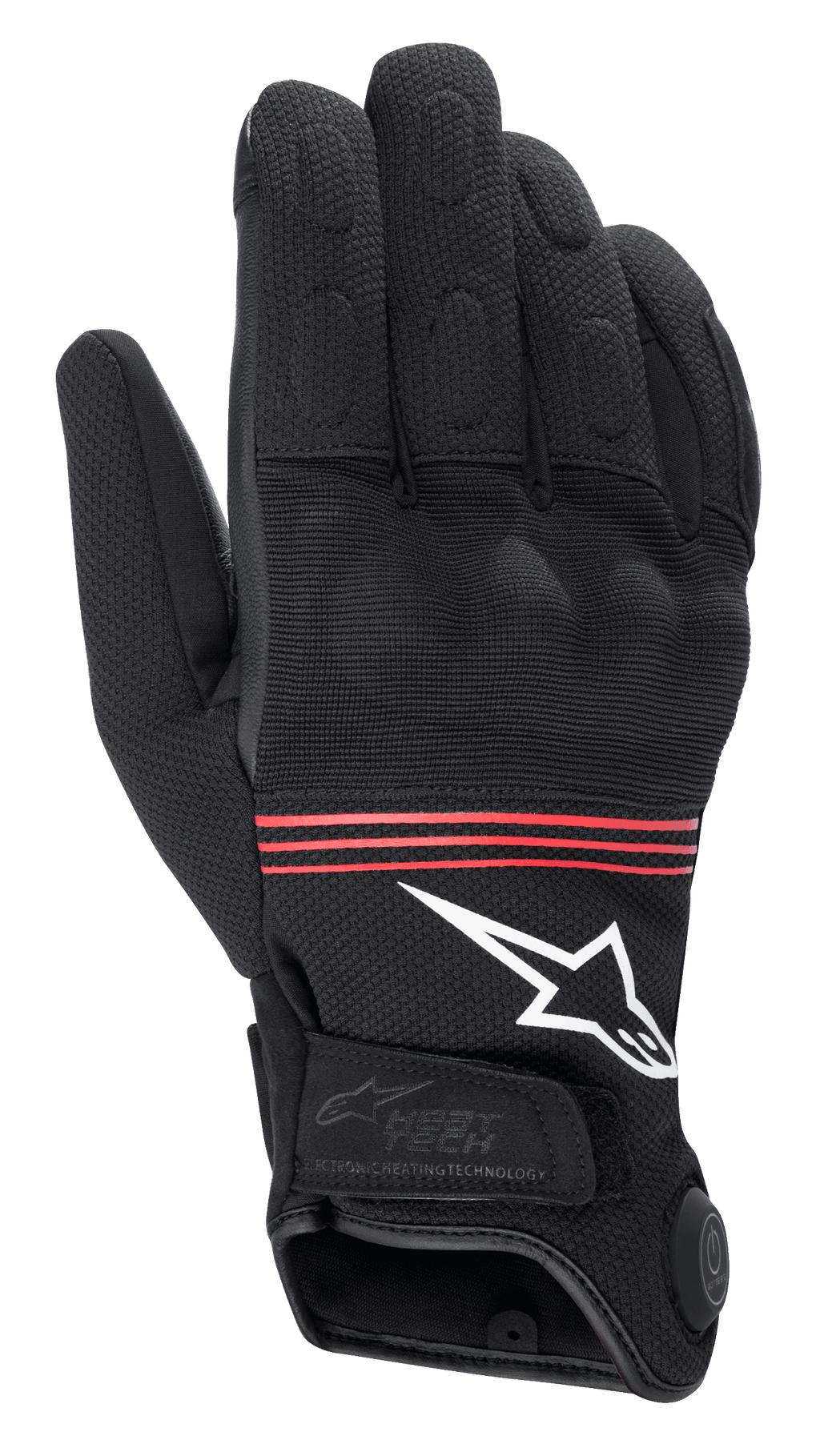 Alpinestars HT-3 Heat Tech Drystar® Gloves, guanti da moto riscaldati, nero con strisce rosse e logo bianco, pulsante di controllo della tecnologia di riscaldamento elettronico sul polsino, nocche rinforzate e resistente costruzione in tessuto