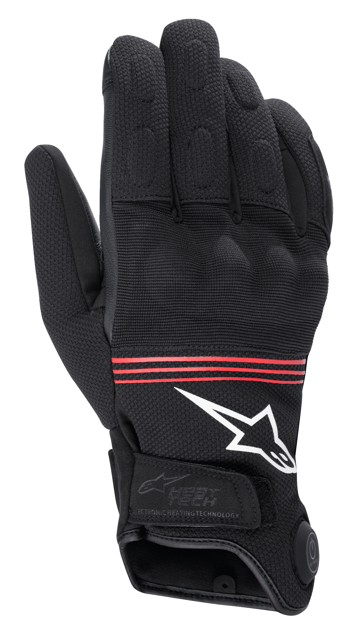 Alpinestars HT-3 Heat Tech Drystar® Gloves, guanti da moto riscaldati, nero con strisce rosse e logo bianco, pulsante di controllo della tecnologia di riscaldamento elettronico sul polsino, nocche rinforzate e resistente costruzione in tessuto