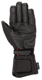 Guanti Alpinestars HT-5 Heat Tech Drystar®, nero, vista lato palmo, caratterizzati da struttura in pelle di capra, slider sul palmo e cinturini regolabili su polso e polsino, equipaggiamento da moto touring invernale impermeabile e riscaldato