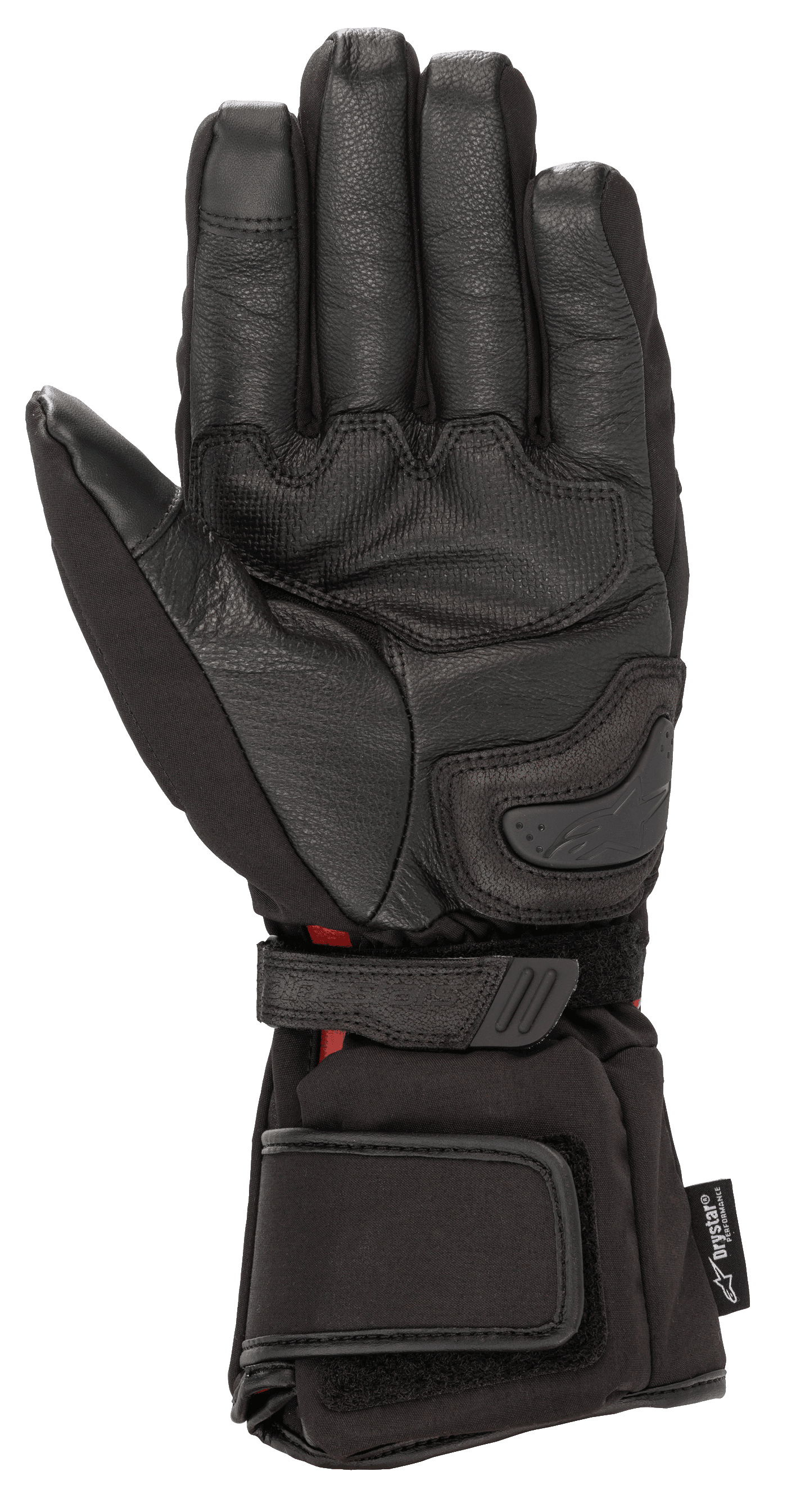 Guanti Alpinestars HT-5 Heat Tech Drystar®, nero, vista lato palmo, caratterizzati da struttura in pelle di capra, slider sul palmo e cinturini regolabili su polso e polsino, equipaggiamento da moto touring invernale impermeabile e riscaldato