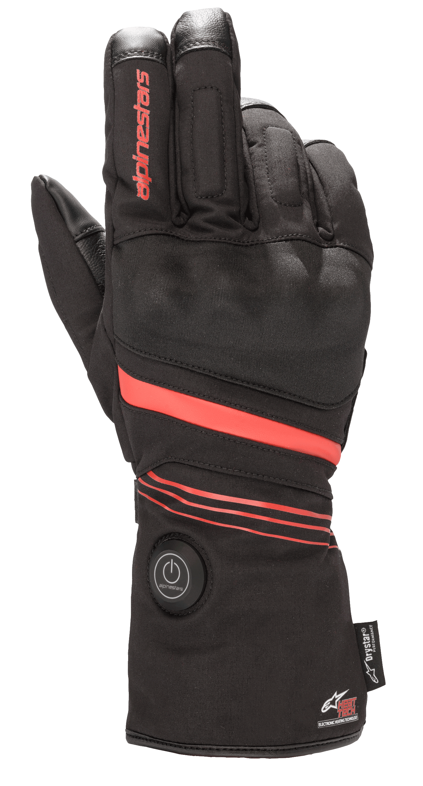 Guanti Alpinestars HT-5 Heat Tech Drystar®, guanti da moto riscaldati, neri con dettagli rossi, dotati di pulsante di accensione circolare sul polsino, strisce rosse su mano e polso, marchio Alpinestars sul dito, progettati per la protezione impermeabile in climi freddi