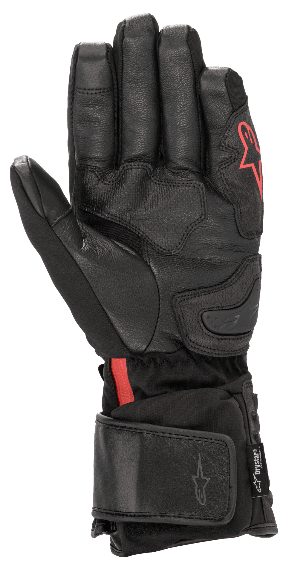 Guanti Alpinestars HT-7 Heat Tech Drystar®, guanti da moto riscaldati neri, con palmo in pelle e struttura in softshell con logo Alpinestars rosso, tecnologia Drystar® impermeabile e polsino regolabile per la guida su strada in condizioni di freddo