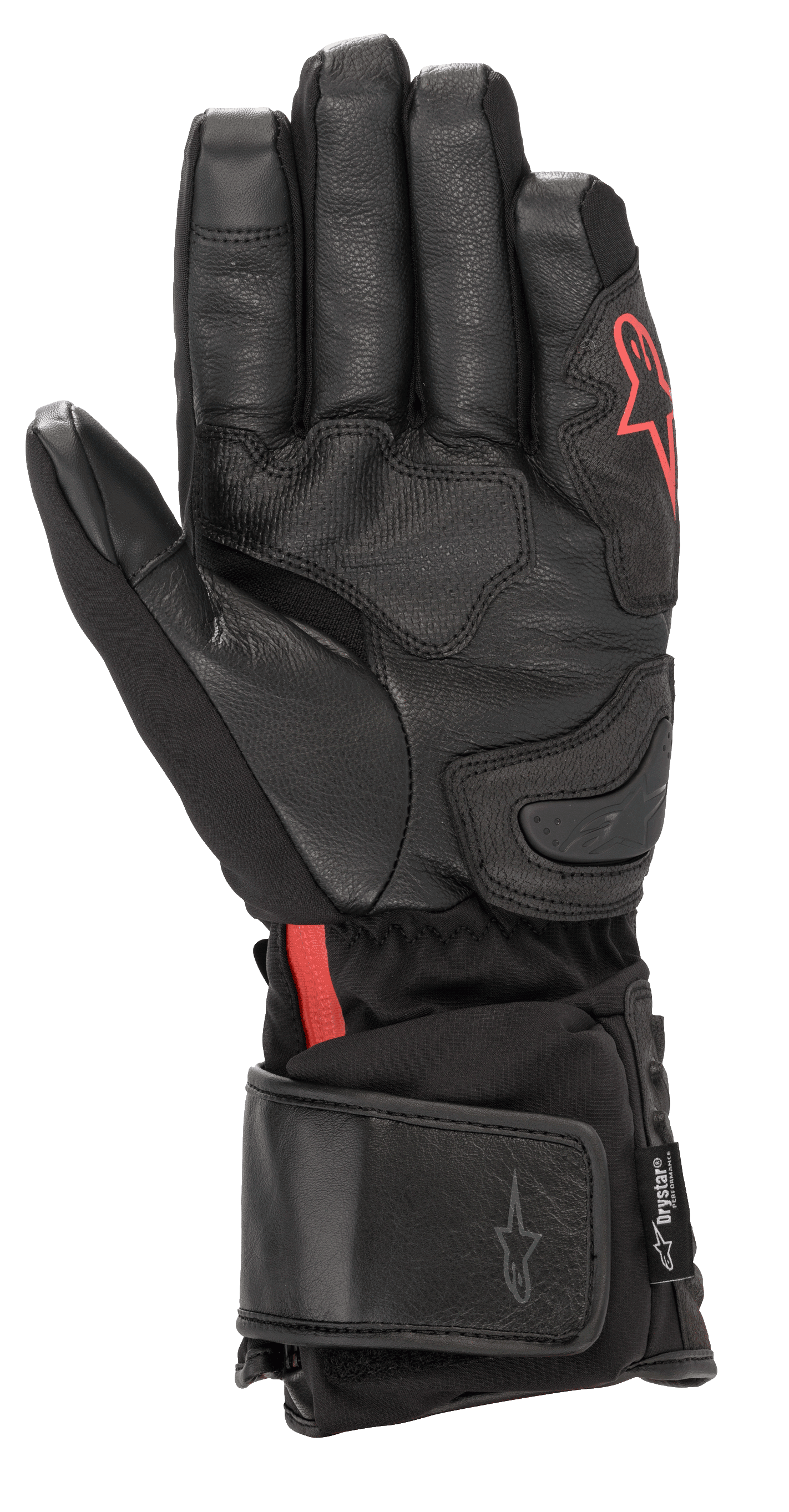 Guanti Alpinestars HT-7 Heat Tech Drystar®, guanti da moto riscaldati neri, con palmo in pelle e struttura in softshell con logo Alpinestars rosso, tecnologia Drystar® impermeabile e polsino regolabile per la guida su strada in condizioni di freddo