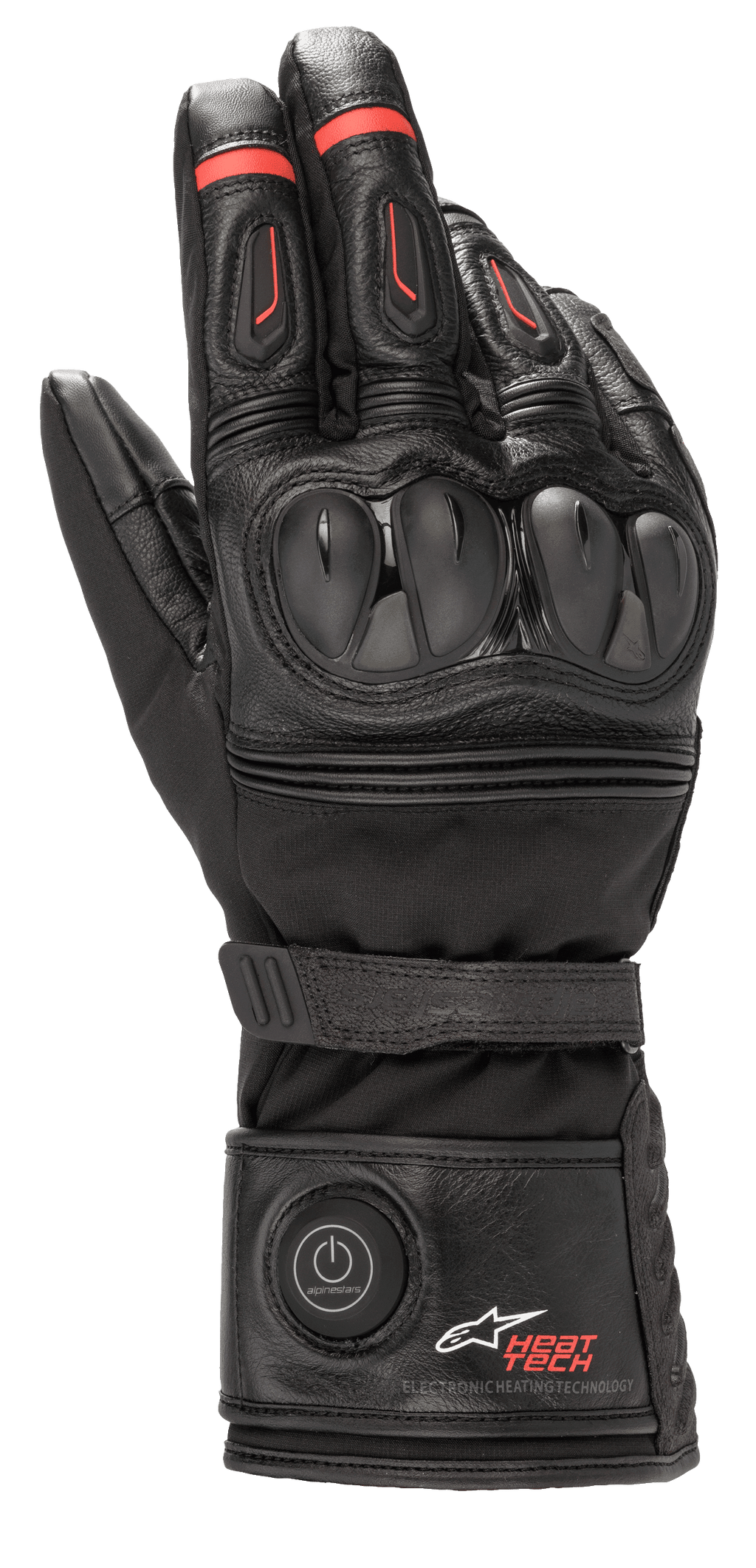 Alpinestars guanti HT-7 Heat Tech Drystar, guanti da moto riscaldati, nero con dettagli rossi, sistema elettronico Heat Tech con pulsante di accensione sul polsino, protezione nocche in TPU, tecnologia impermeabile Drystar, costruzione in pelle e tessuto