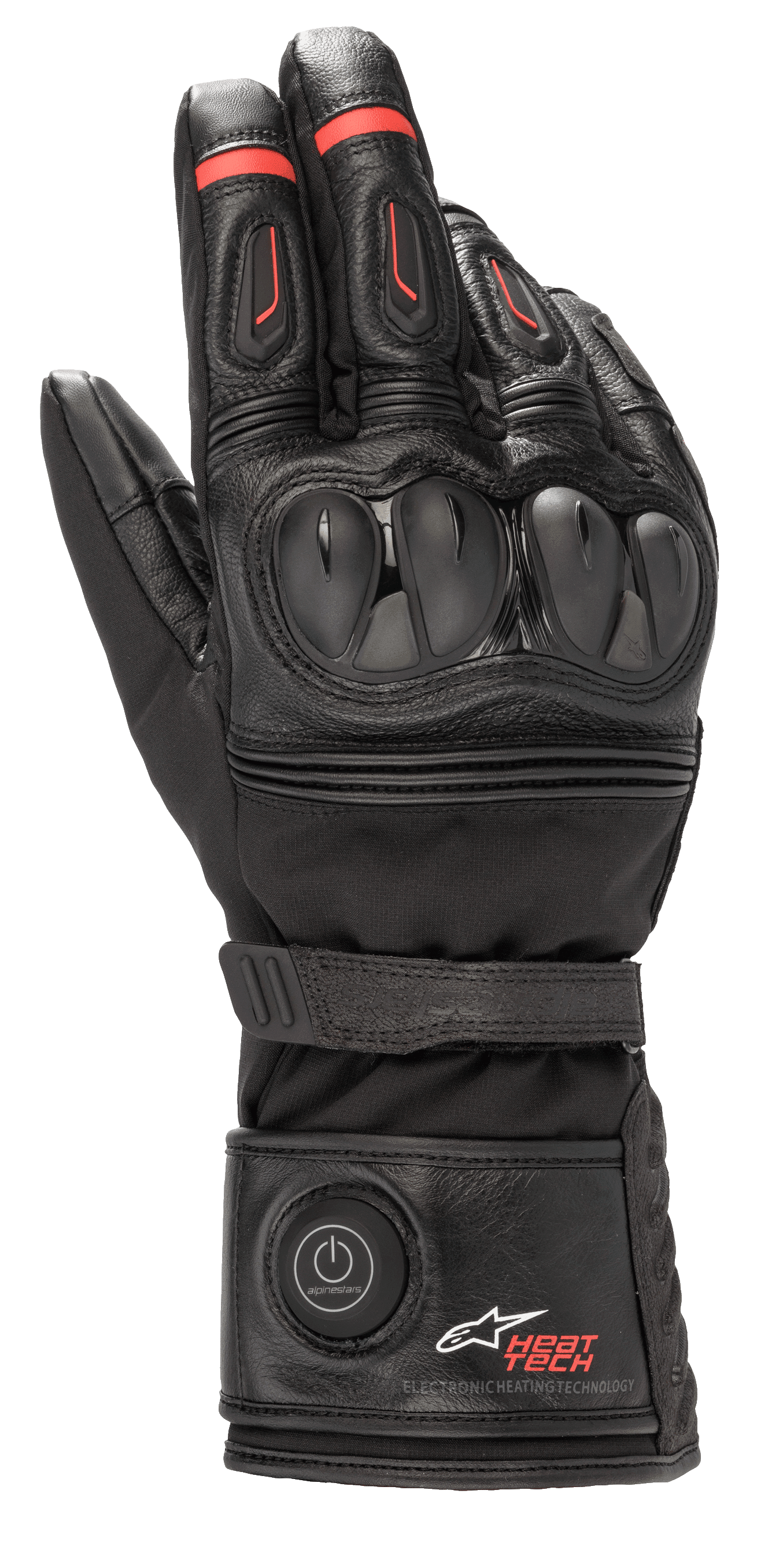 Alpinestars guanti HT-7 Heat Tech Drystar, guanti da moto riscaldati, nero con dettagli rossi, sistema elettronico Heat Tech con pulsante di accensione sul polsino, protezione nocche in TPU, tecnologia impermeabile Drystar, costruzione in pelle e tessuto