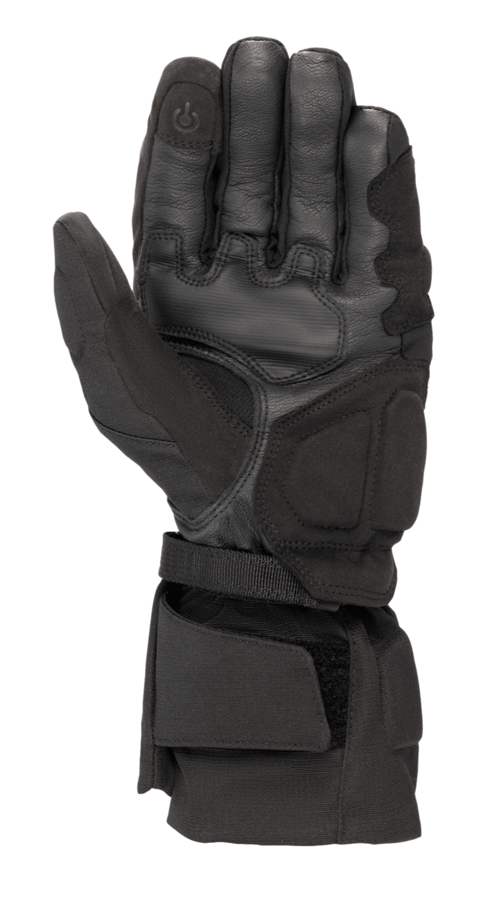 Guanti Alpinestars WR-X GORE-TEX, guanti invernali da moto neri, vista del palmo che mostra la costruzione in pelle e scamosciato sintetico, polsino lungo con cinturino regolabile e polpastrello conduttivo compatibile con touchscreen.