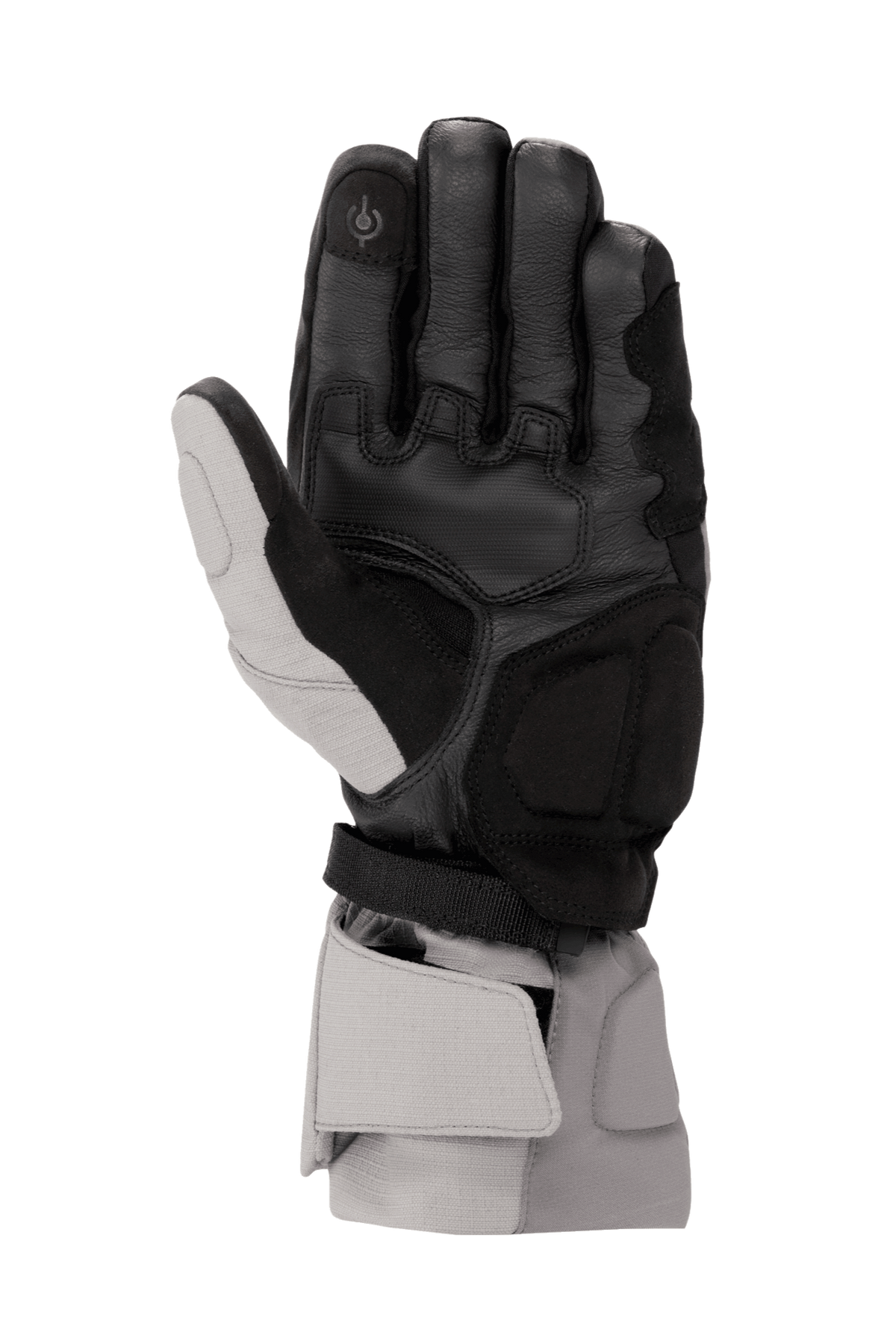 Guanti Alpinestars WR-X GORE-TEX, guanti da moto invernali, grigio scuro, grigio ghiaccio e nero, vista del palmo che mostra la costruzione in pelle, rinforzi in pelle scamosciata sintetica, indice compatibile con touchscreen e polsino lungo per la protezione dalle intemperie