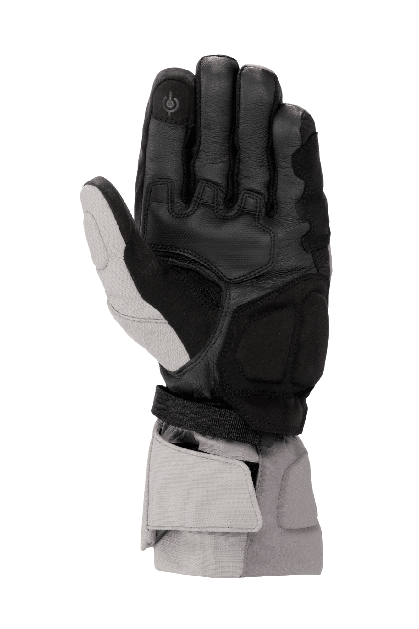 Guanti Alpinestars WR-X GORE-TEX, guanti da moto invernali, grigio scuro, grigio ghiaccio e nero, vista del palmo che mostra la costruzione in pelle, rinforzi in pelle scamosciata sintetica, indice compatibile con touchscreen e polsino lungo per la protezione dalle intemperie