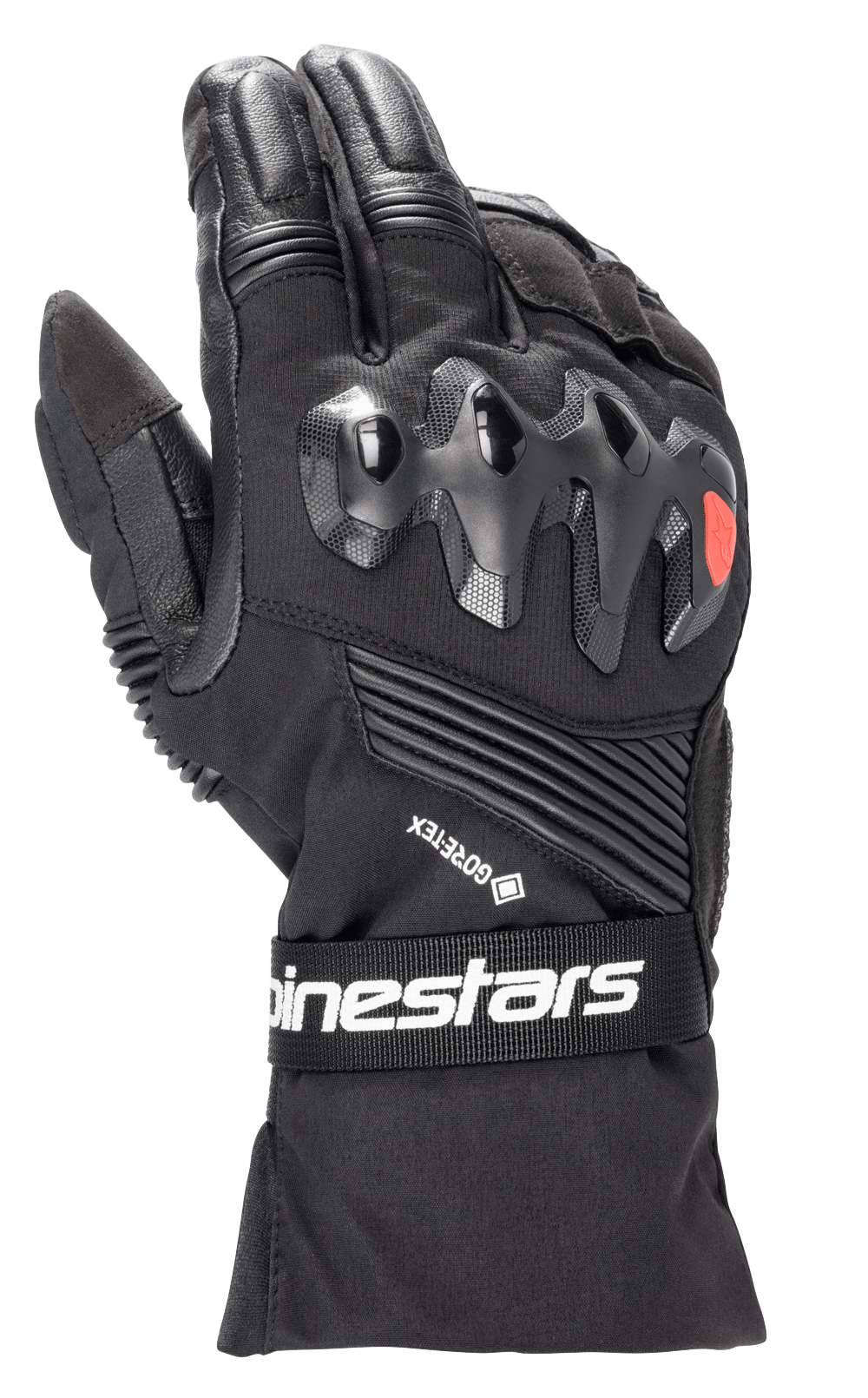 Guanti Alpinestars Boulder GORE-TEX, guanti da moto neri, con protezione rigida per le nocche e logo rosso, marchio GORE-TEX, inserti elasticizzati a fisarmonica e cinturino da polso con logo Alpinestars bianco, realizzati in tessuto resistente e pelle.