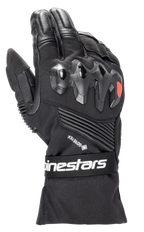 Guanti Alpinestars Boulder GORE-TEX, guanti da moto neri, con protezione rigida per le nocche e logo rosso, marchio GORE-TEX, inserti elasticizzati a fisarmonica e cinturino da polso con logo Alpinestars bianco, realizzati in tessuto resistente e pelle.