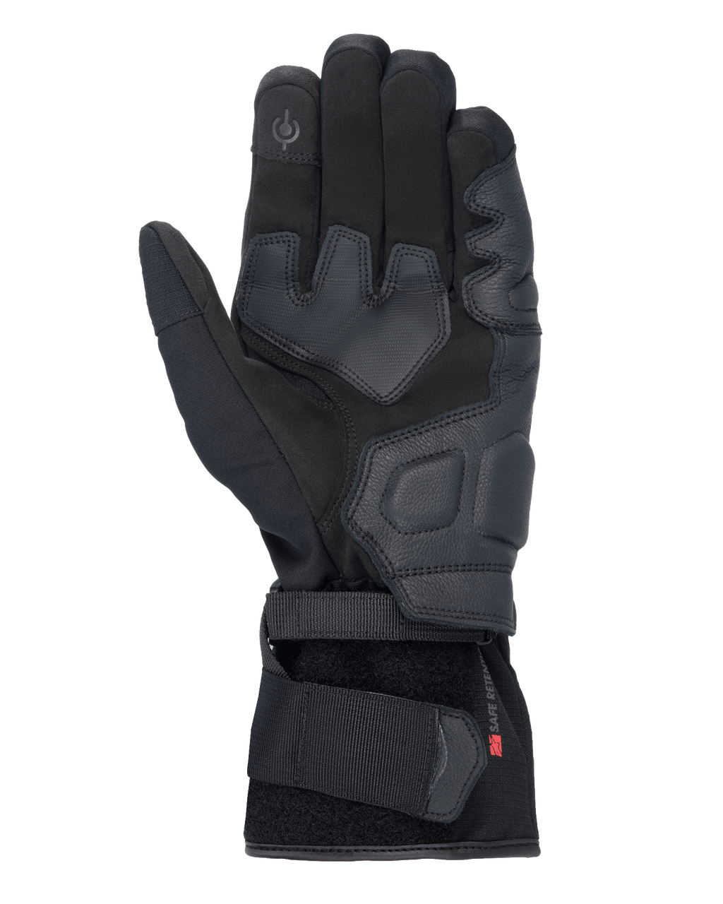Guanti Alpinestars Tourer W-7 V2 Drystar®, guanti da moto neri, vista del palmo con rinforzi in pelle, aree di presa imbottite, polpastrello compatibile con touchscreen e chiusura sicura con cinturino al polso.