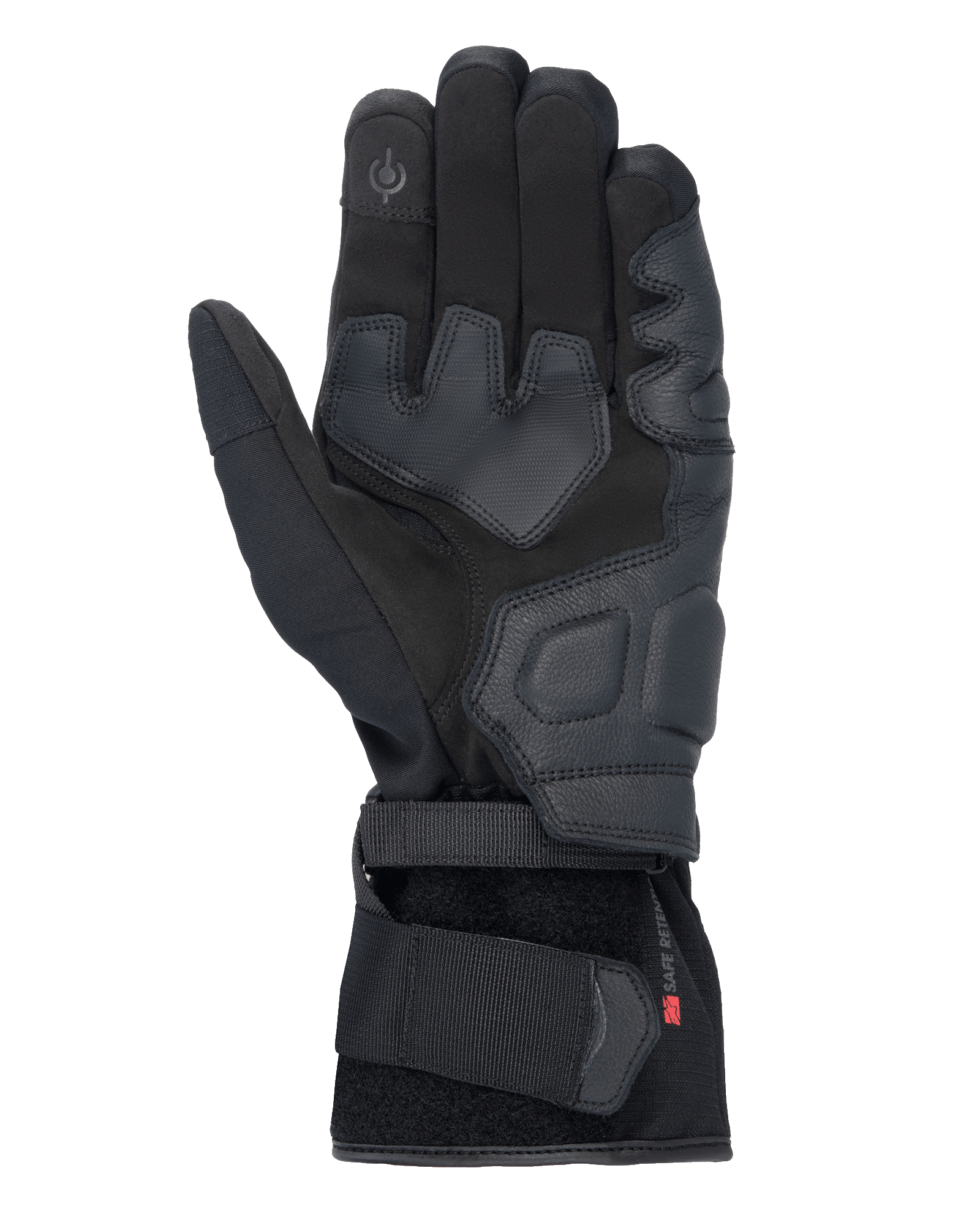 Guanti Alpinestars Tourer W-7 V2 Drystar®, guanti da moto neri, vista del palmo con rinforzi in pelle, aree di presa imbottite, polpastrello compatibile con touchscreen e chiusura sicura con cinturino al polso.