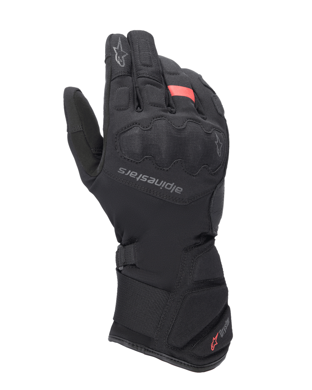Guanti Alpinestars Tourer W-7 V2 Drystar, guanti da moto touring invernali, neri con dettagli rossi, con protezione rinforzata sulle nocche, logo Alpinestars sul dorso della mano e polsino lungo regolabile con marchio Drystar