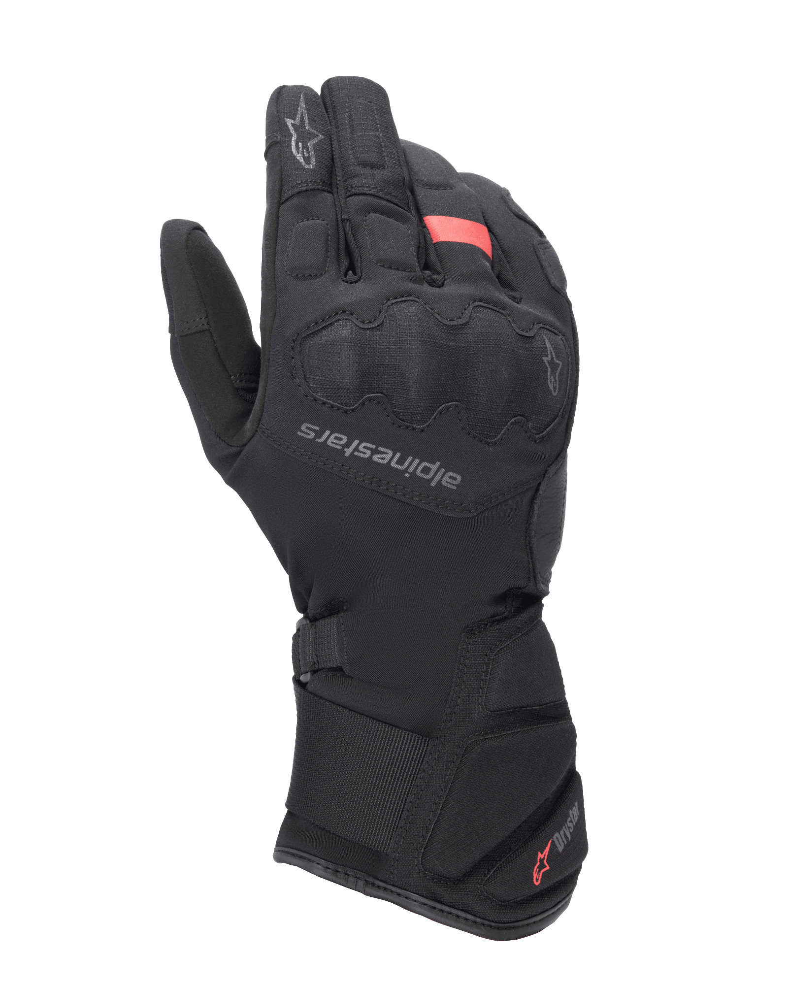 Guanti Alpinestars Tourer W-7 V2 Drystar, guanti da moto touring invernali, neri con dettagli rossi, con protezione rinforzata sulle nocche, logo Alpinestars sul dorso della mano e polsino lungo regolabile con marchio Drystar