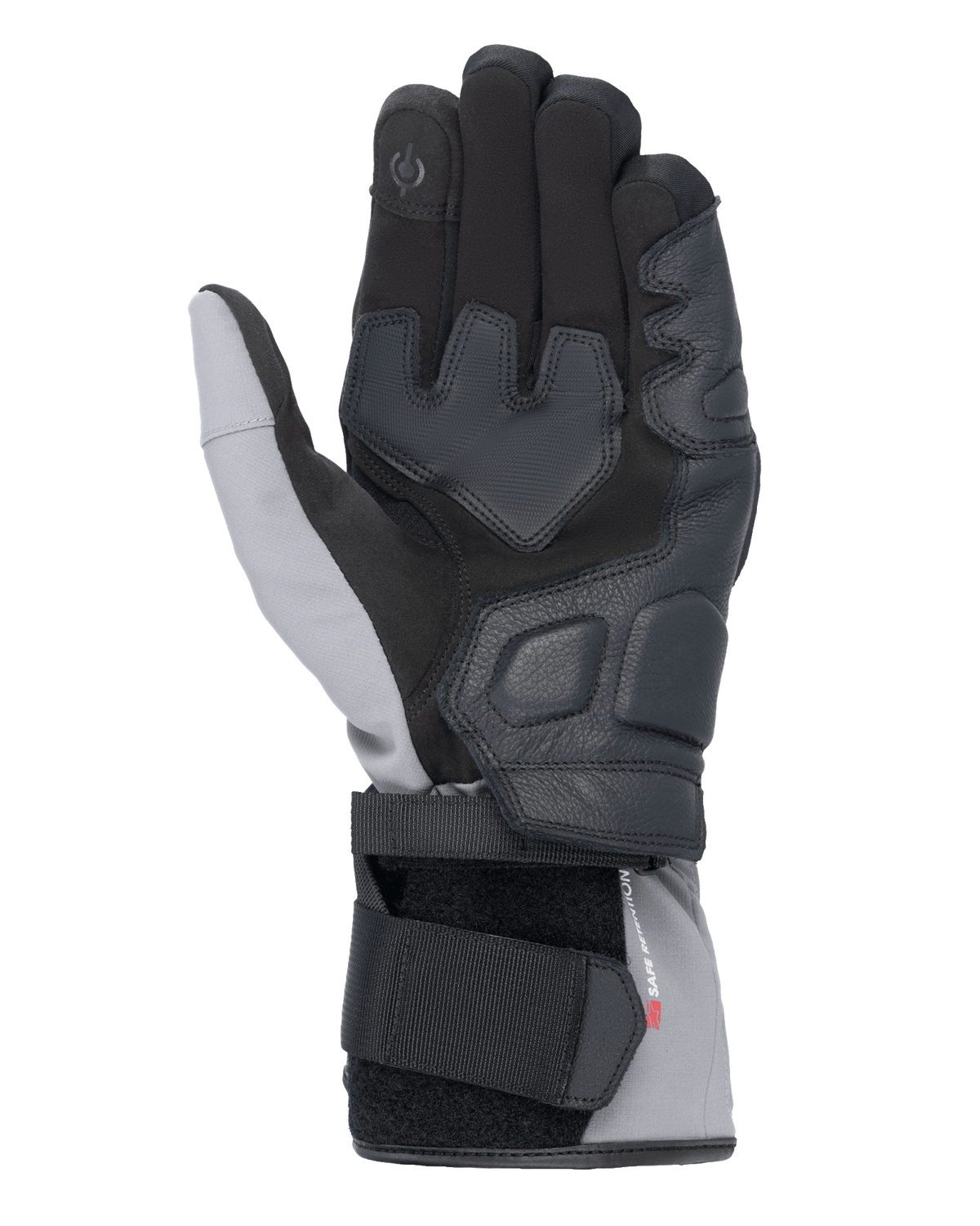 Guanti Alpinestars Tourer W-7 V2 Drystar®, vista del palmo, nero e grigio scuro, guanti da moto invernali con rinforzi in pelle sul palmo, indice compatibile con touchscreen e sistema di chiusura a doppio cinturino per una calzata sicura.