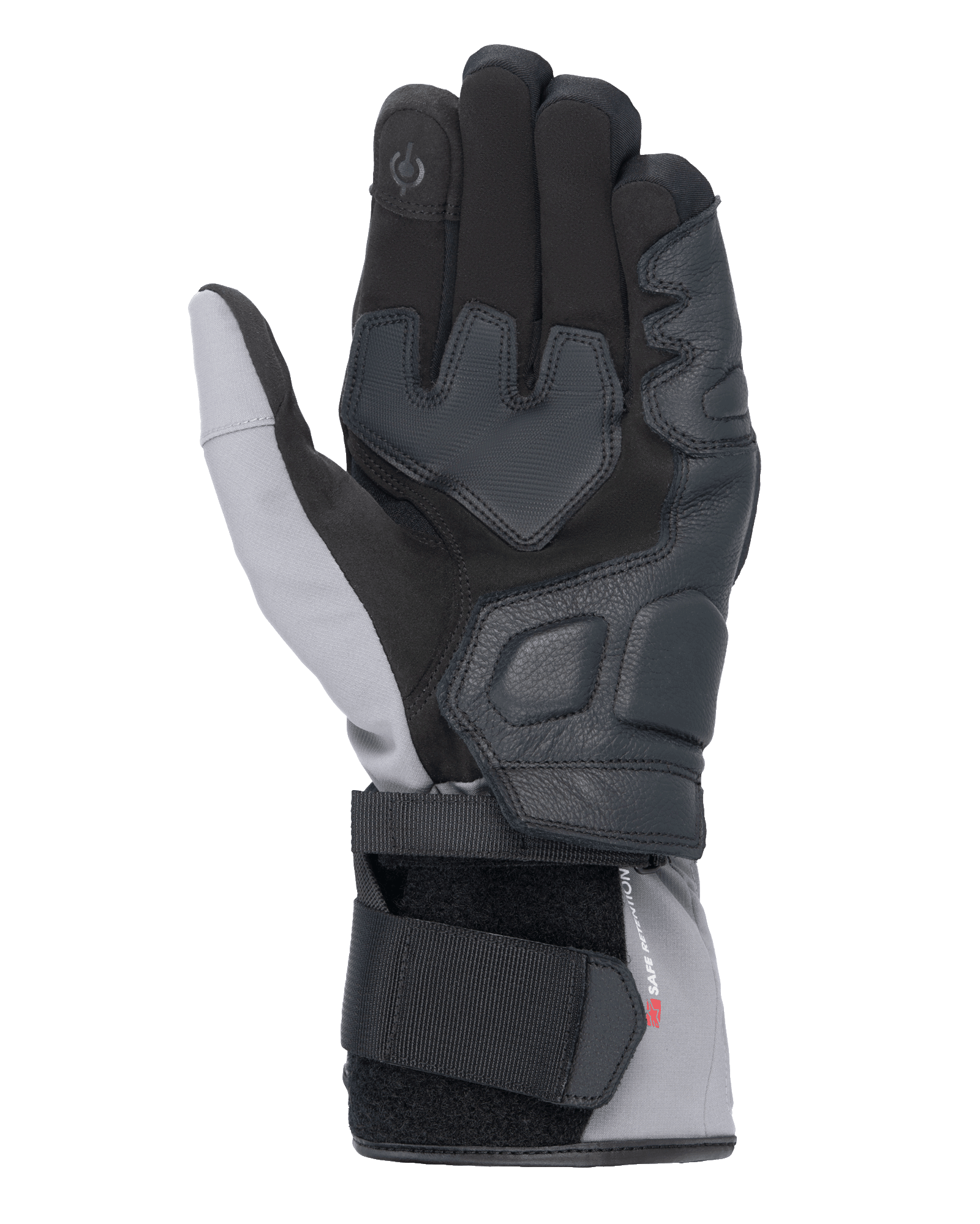 Guanti Alpinestars Tourer W-7 V2 Drystar®, vista del palmo, nero e grigio scuro, guanti da moto invernali con rinforzi in pelle sul palmo, indice compatibile con touchscreen e sistema di chiusura a doppio cinturino per una calzata sicura.
