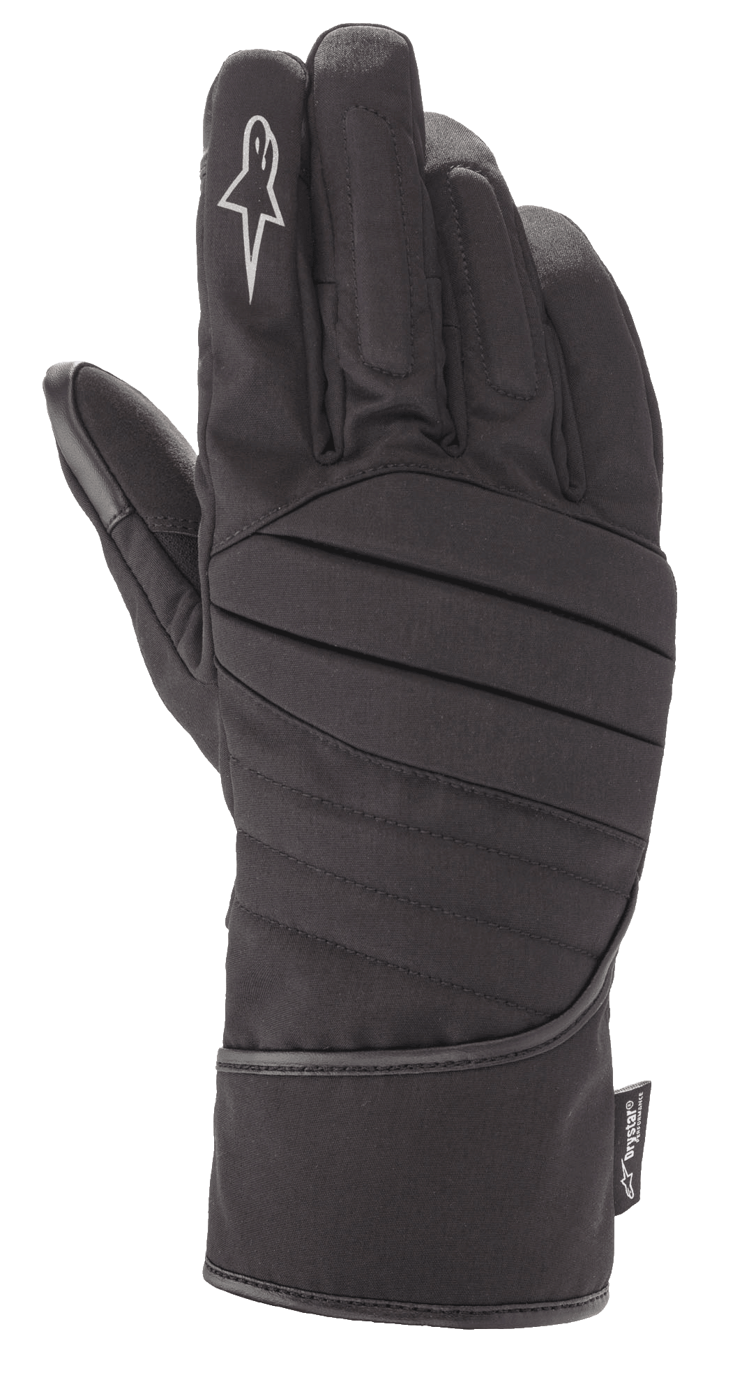 Guanti Alpinestars SR-3 V2 Drystar®, guanti da moto touring impermeabili neri, modello a polsino lungo con dorso imbottito a coste, logo con stella bianca sull'indice ed etichetta Drystar® performance