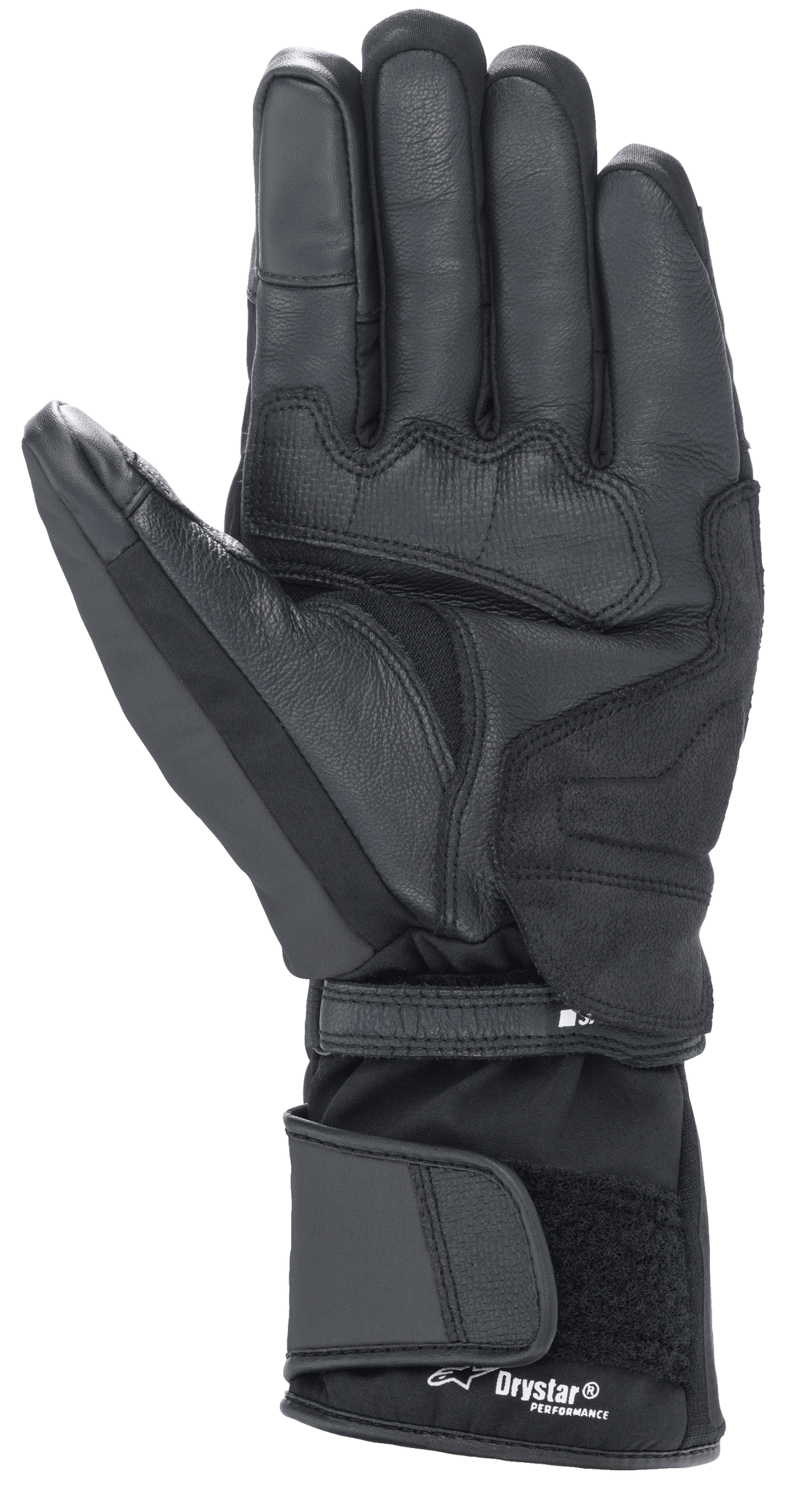 Guanti Alpinestars Denali Aerogel Drystar®, nero, vista del palmo con pannelli in materiale rinforzato, grip testurizzato sulle dita e polsino lungo regolabile con marchio Drystar® Performance, abbigliamento moto invernale per adventure touring